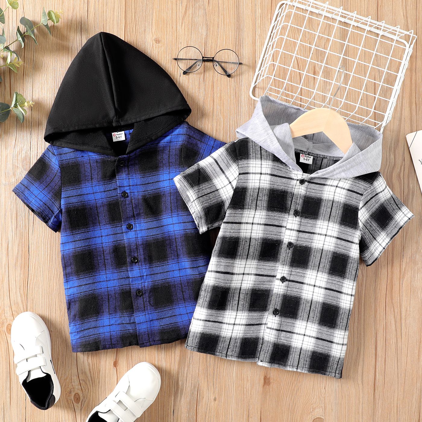 

Kid Boy Smile Face Print Tank Top / Plaid Hooded Short-sleeve Shirt / Basic Solid Color Elasticized Shorts