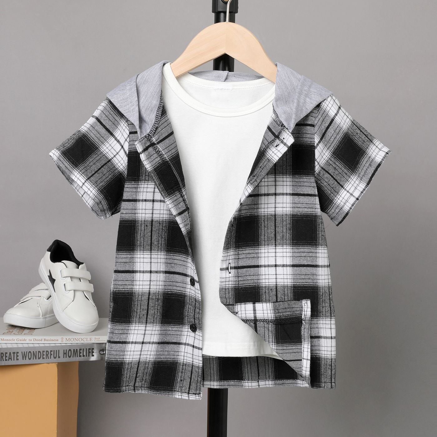 

Kid Boy Plaid Hooded Short-sleeve Shirt