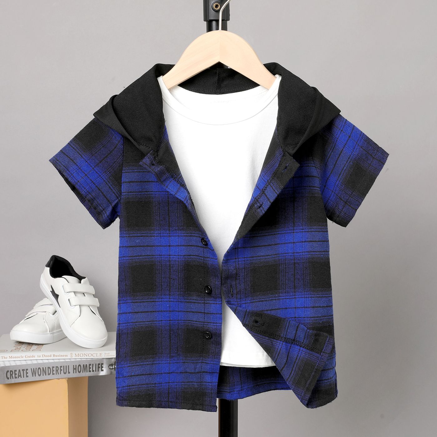 

Kid Boy Plaid Hooded Short-sleeve Shirt