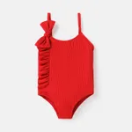 Baby Girl Solid Ruffle Trim Bow Decor One Piece Cami Swimsuit Red