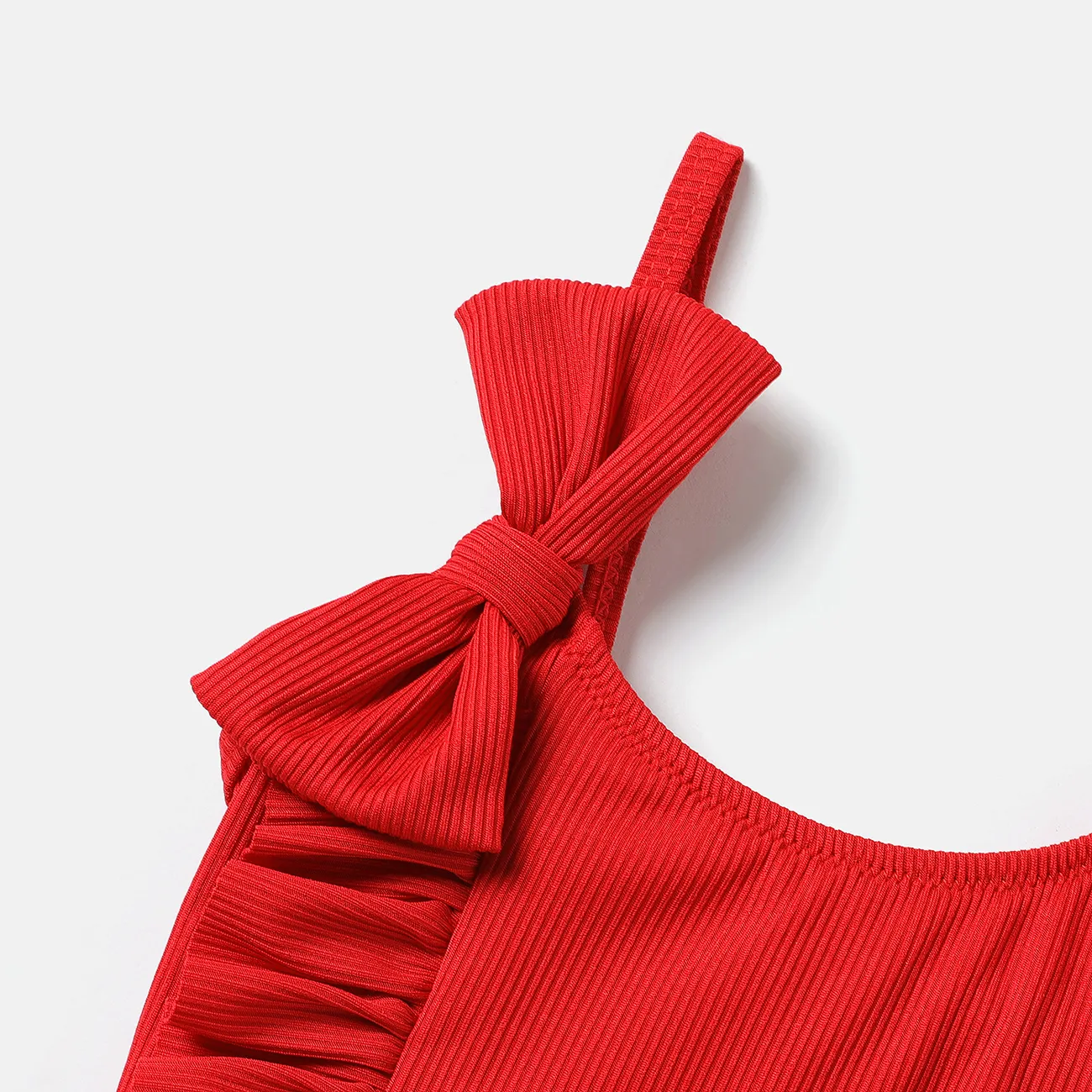 Baby Girl Solid Ruffle Trim Bow Decor One Piece Cami Swimsuit Red big image 1