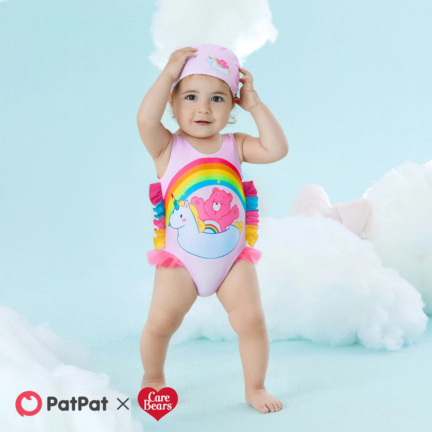 Care Bears Baby Girl 2pcs Bear Print Colorful Ruffle Trim One-piece Swimsuit & Cap Set  image 6