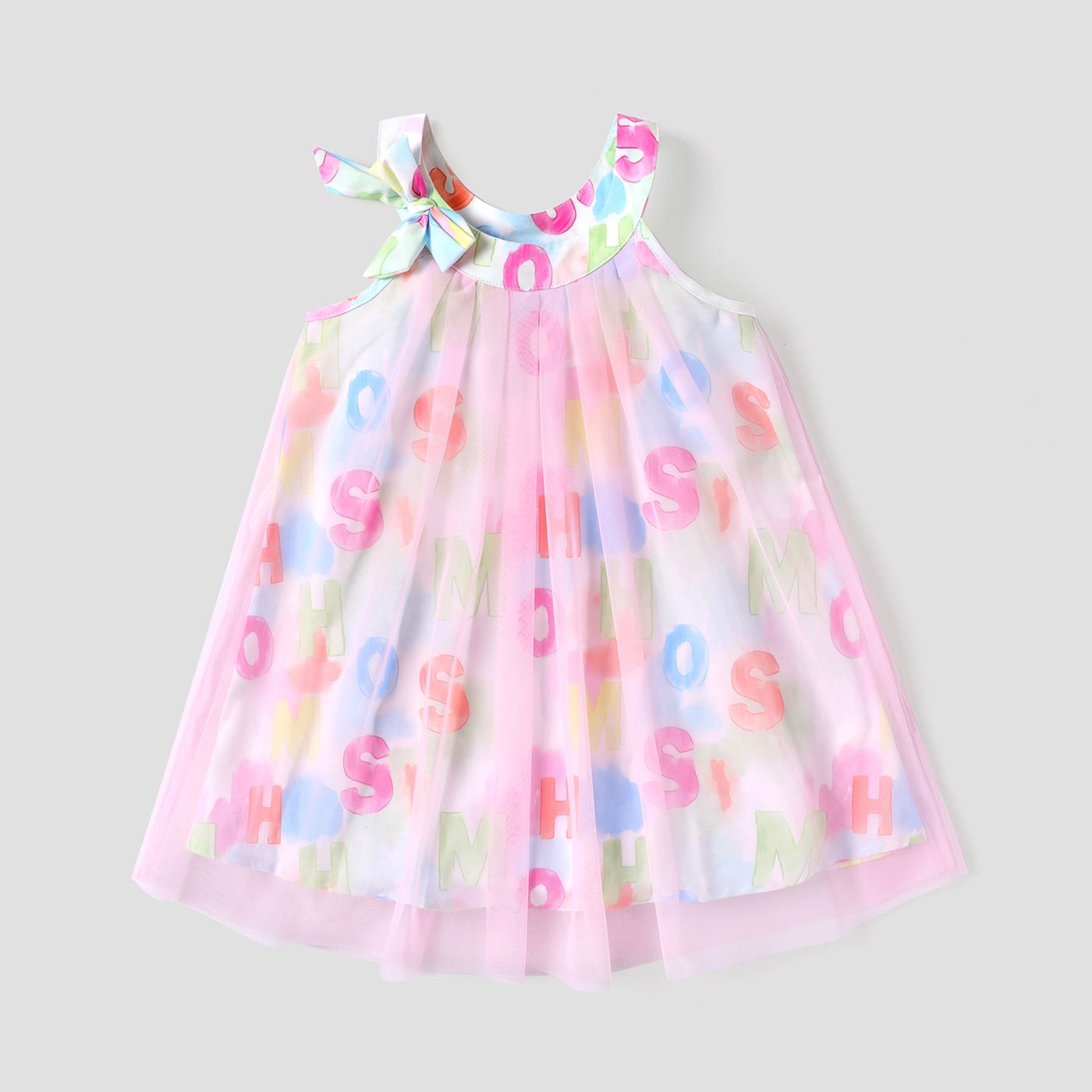 

Toddler Girl Letter Print Bowknot Design Sleeveless Mesh Dress