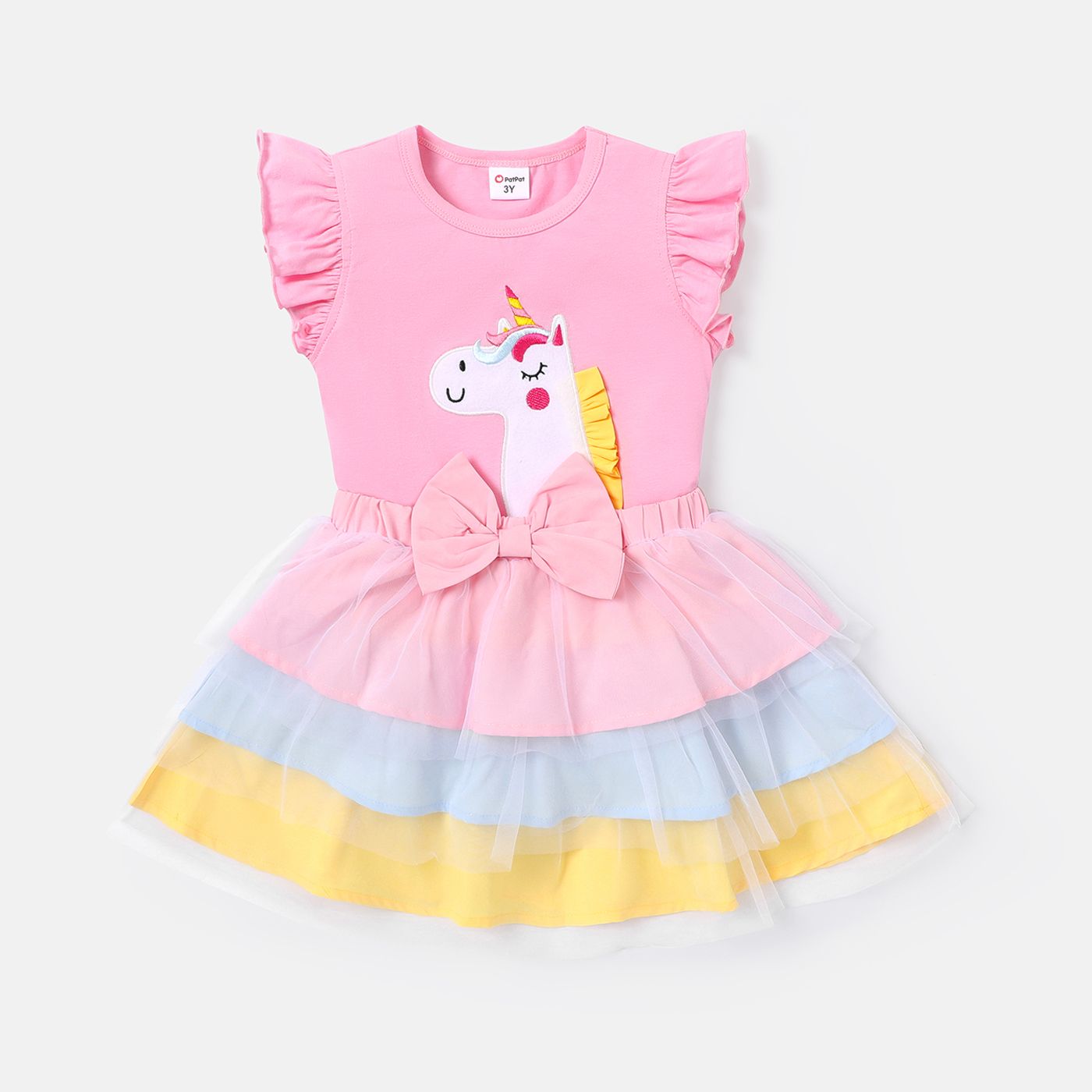 

2pcs Toddler Girl Unicorn Embroidered Flutter-sleeve Tee and Bowknot Design Mesh Splice Skirt Set