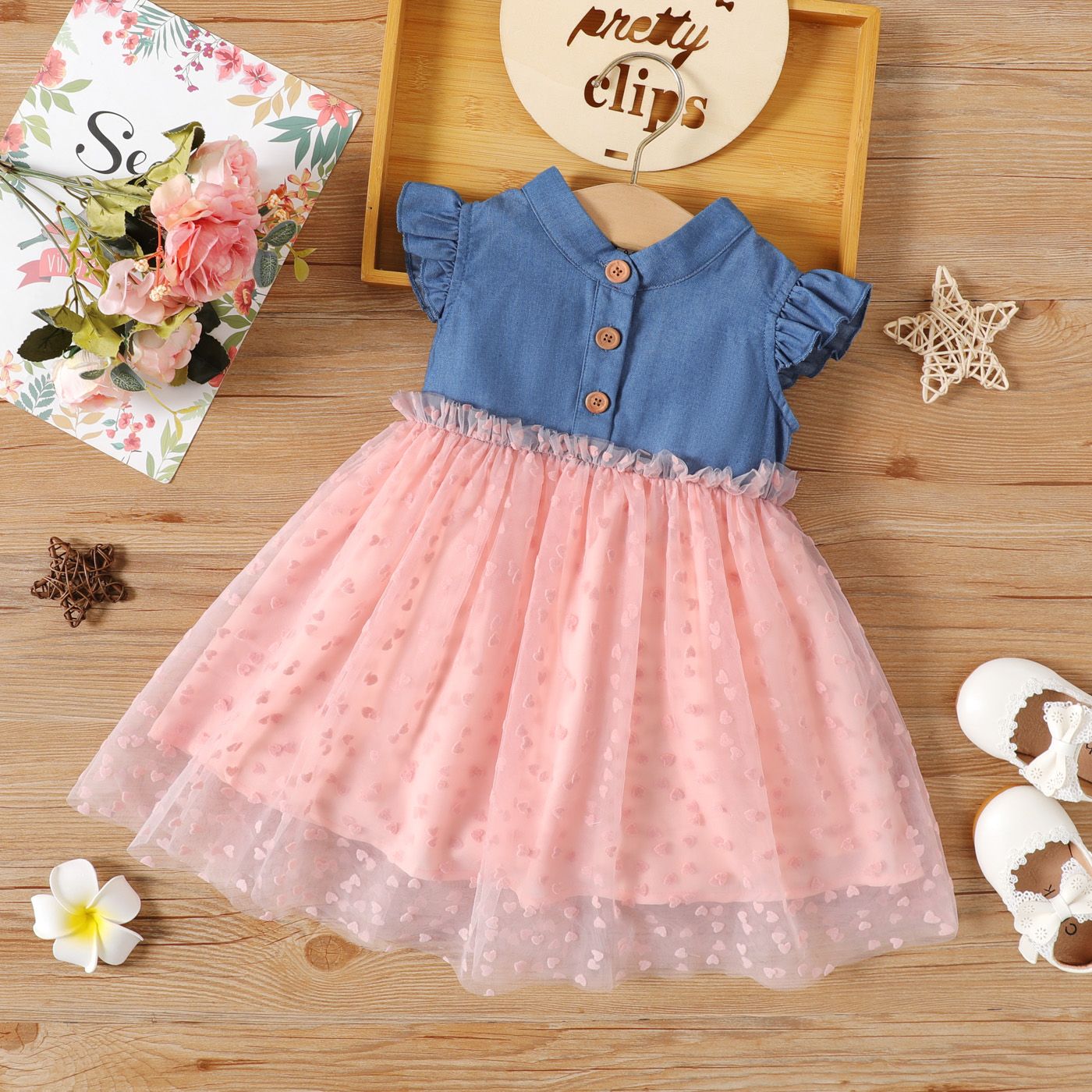 

Baby Girl Star Glitter Design Mesh Denim Splice Flutter-sleeve Dress