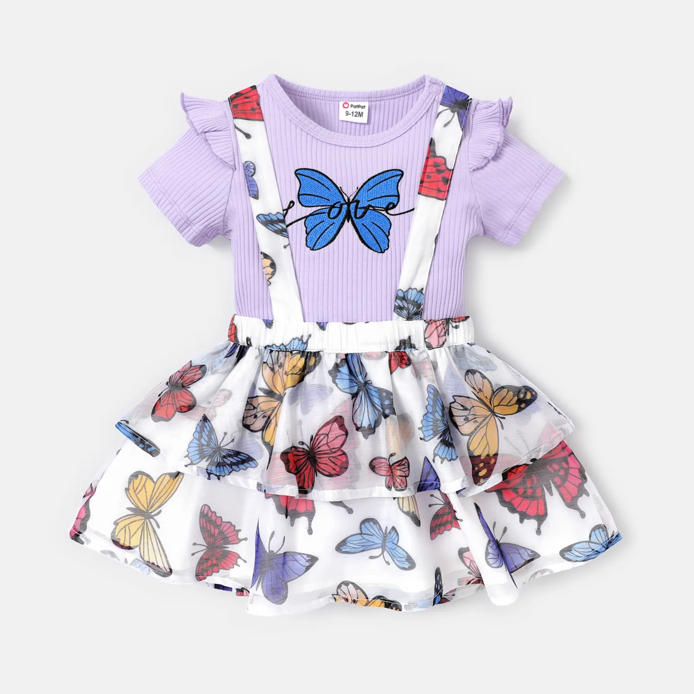 

2pcs Baby Girl Butterfly Print Ruffled Ribbed Short-sleeve Rompers and 100% Cotton Suspender Skirt Set