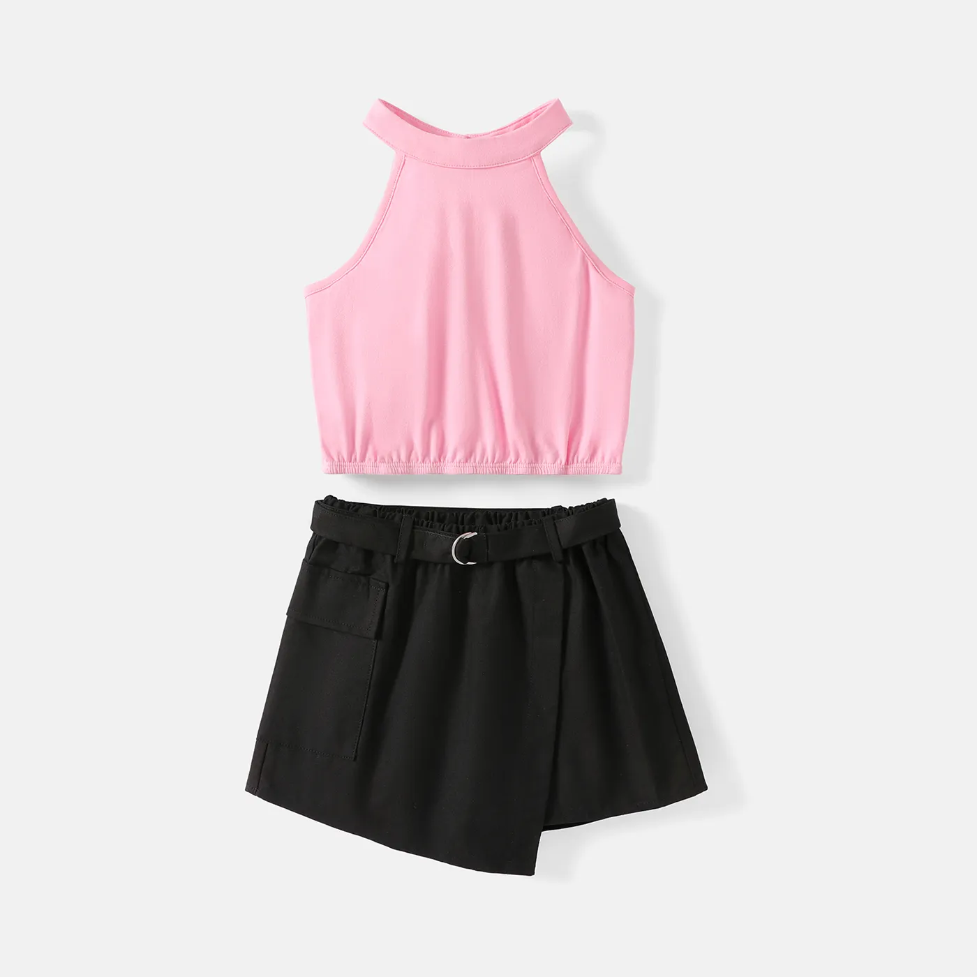 2pcs Kid Girl Halter Tee and Belted Irregular Skorst Set  big image 1