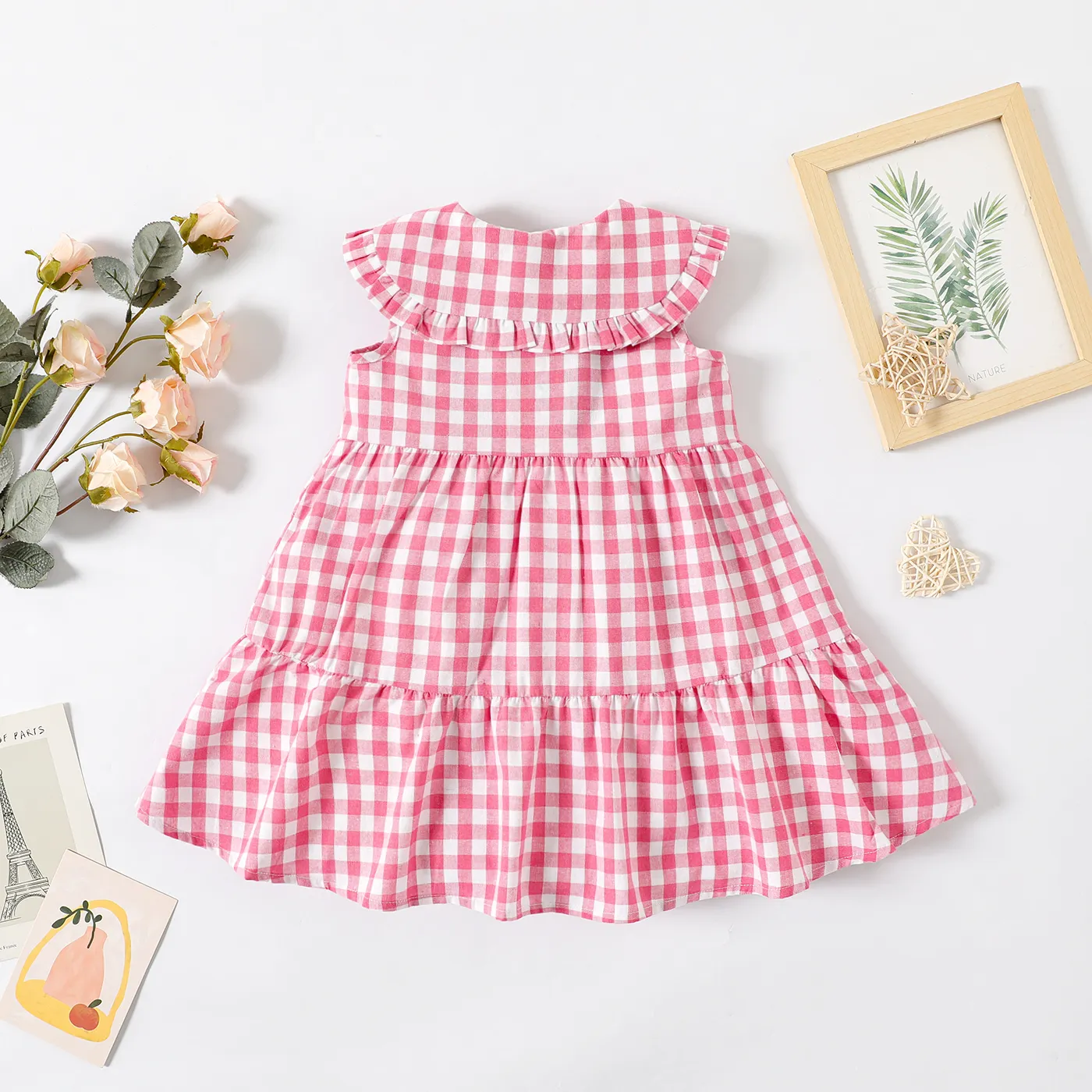 Toddler Girl Plaid Statement Collar Button Design Sleeveless Dress PINK-1 image 2