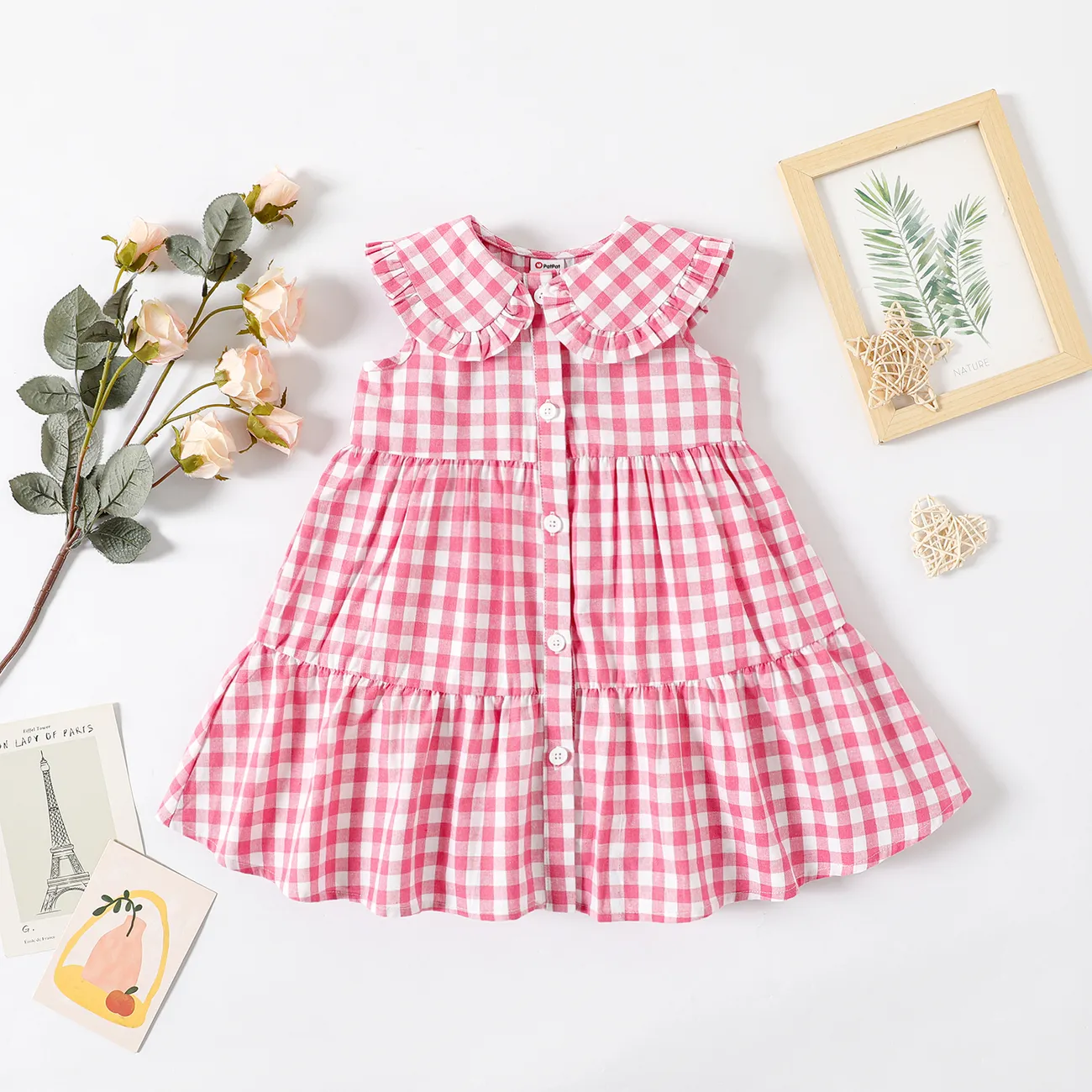 Toddler Girl Plaid Statement Collar Button Design Sleeveless Dress  big image 1