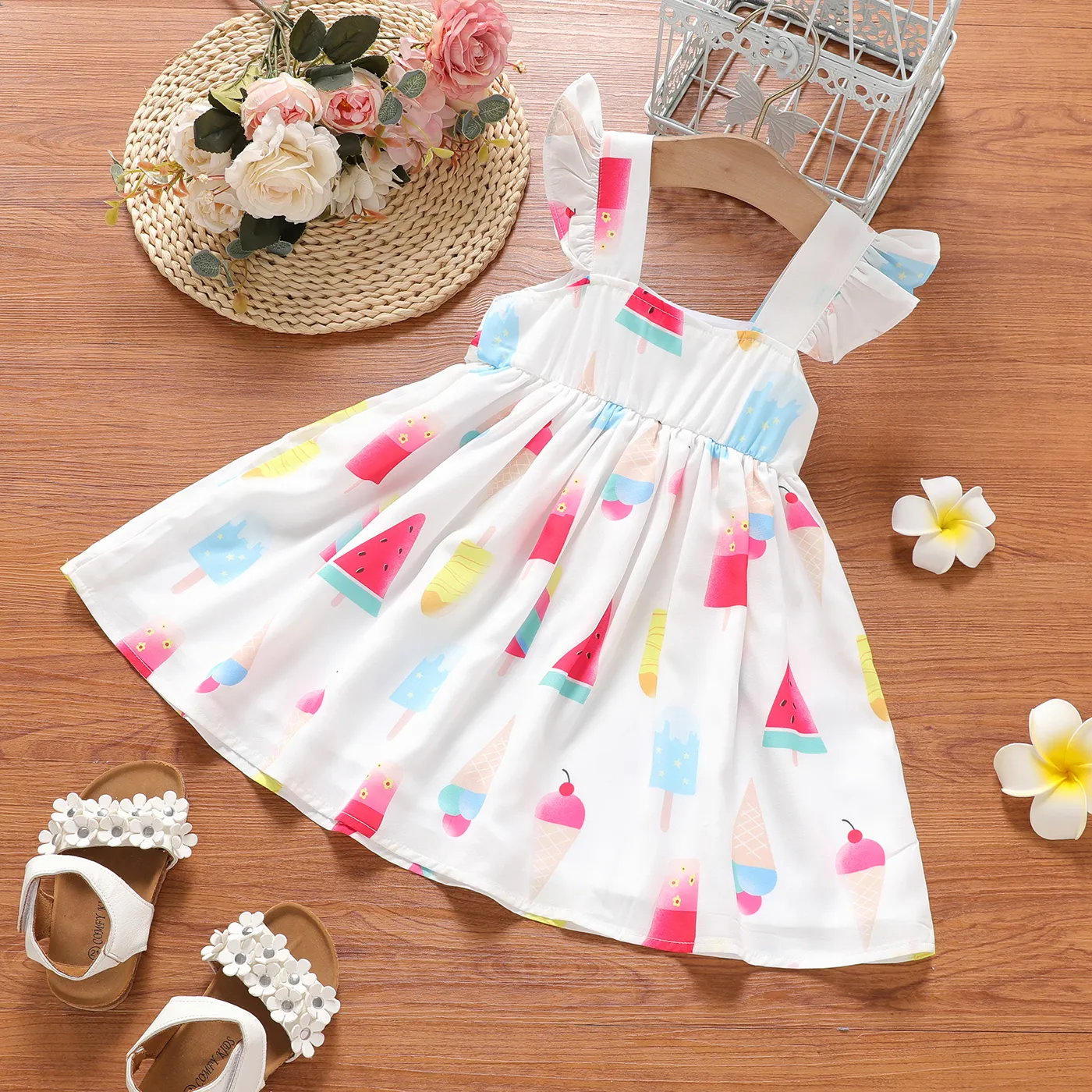 Toddler Girl Ice Cream Print Flutter-sleeve Belted Dress Colorful image 2