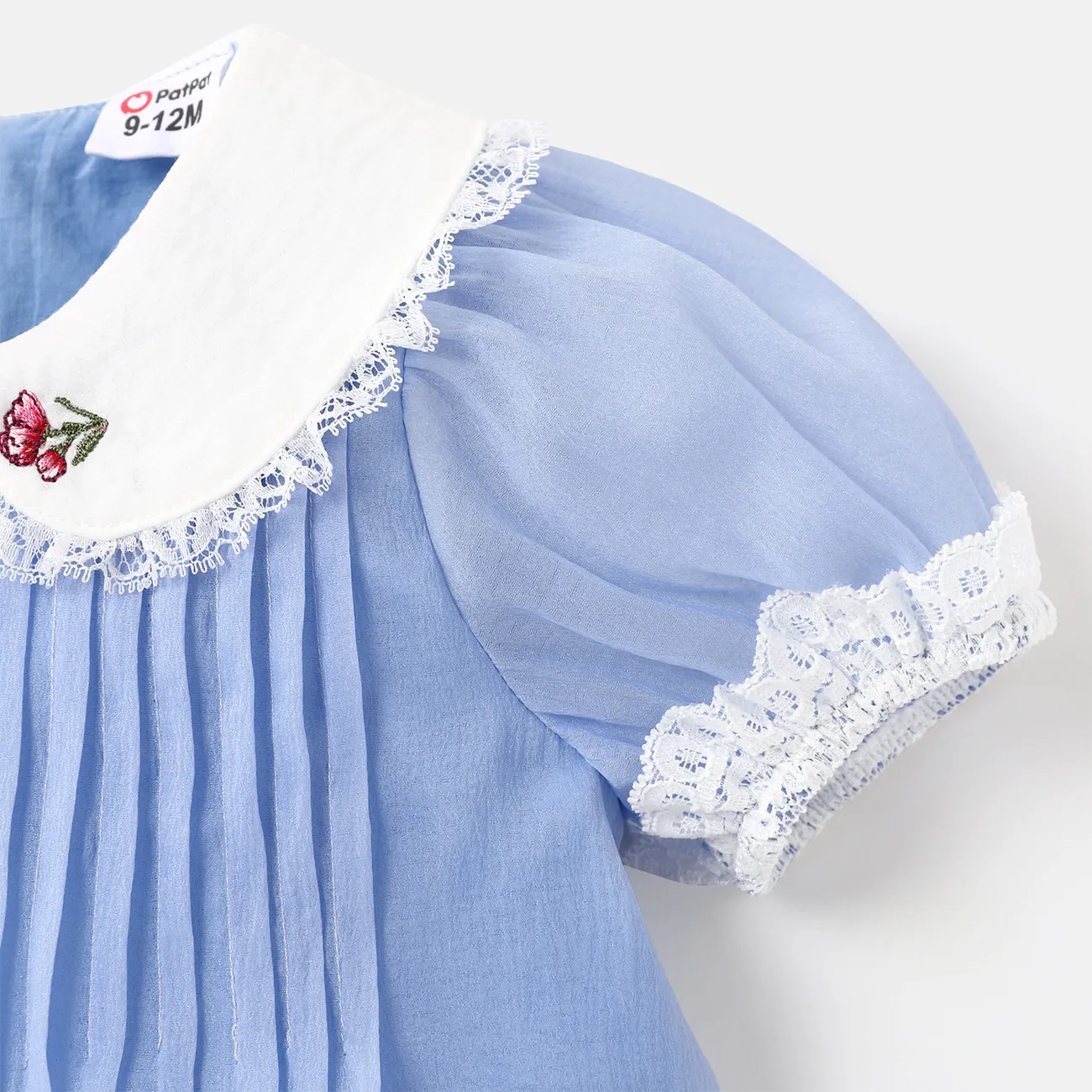Baby Girl Floral Embroidered Peter Pan Collar Puff-sleeve Mesh Dress Blue big image 1