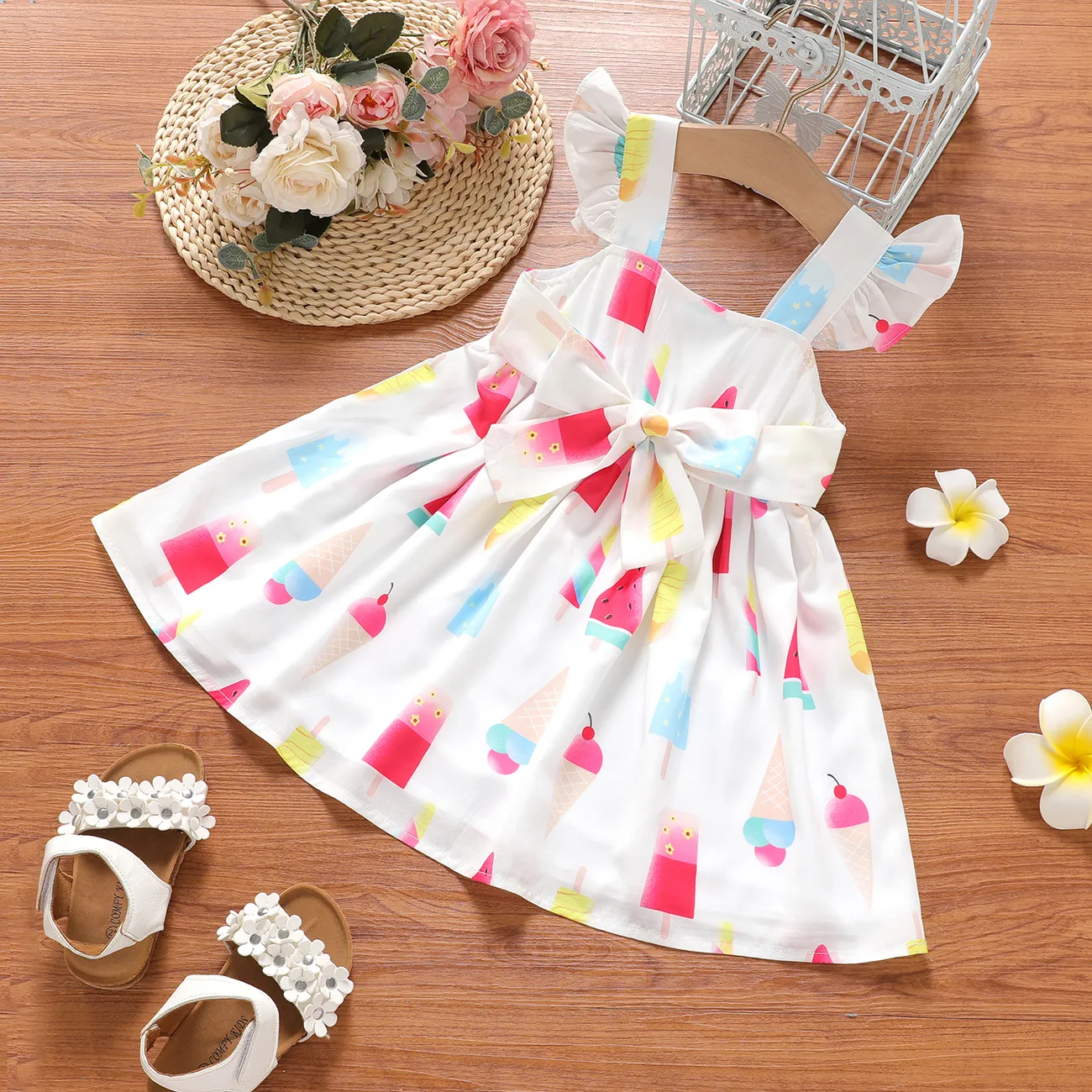Toddler Girl Ice Cream Print Flutter-sleeve Belted Dress Colorful big image 1