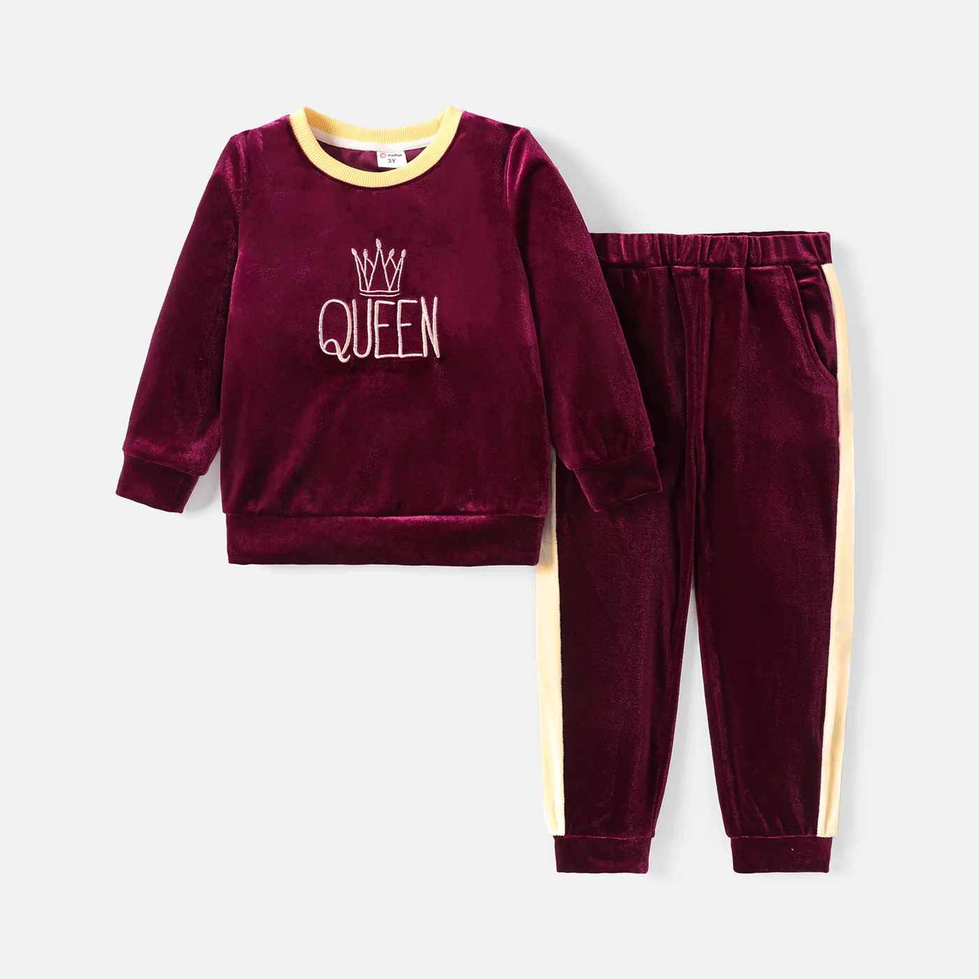 2pcs Toddler Girl Letter Embroidered Velvet Sweatshirt and Elasticized Pants Set WineRed big image 1