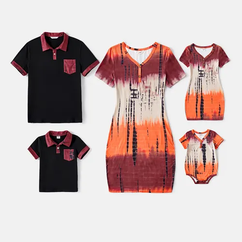 Family Matching 95% Cotton Short-sleeve Polo Shirts and Allover Print Bodycon Dresses Sets