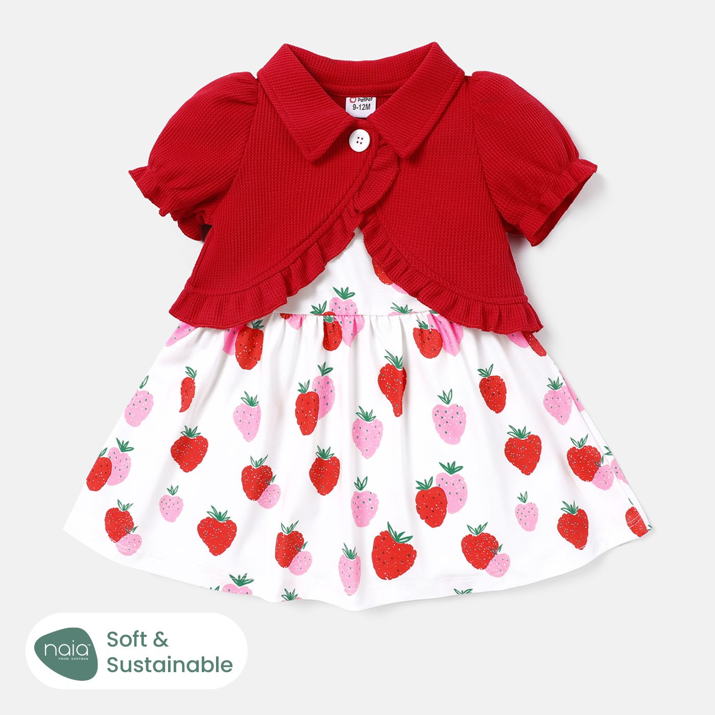 

2pcs Baby Girl Allover Strawberry Print Naia™ Cami Dress and Solid Lettuce Trim Puff-sleeve Cardigan Set