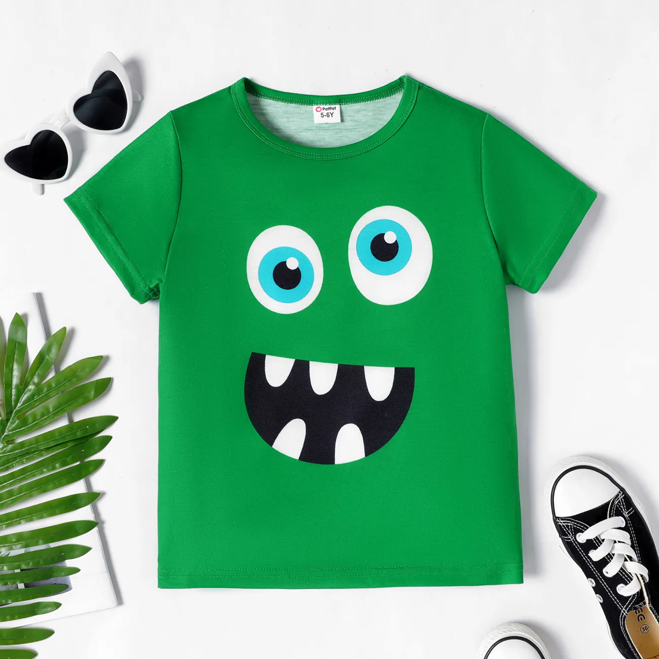 Enfants Unisexe Expressions faciales Manches courtes T-Shirt Vert big image 1