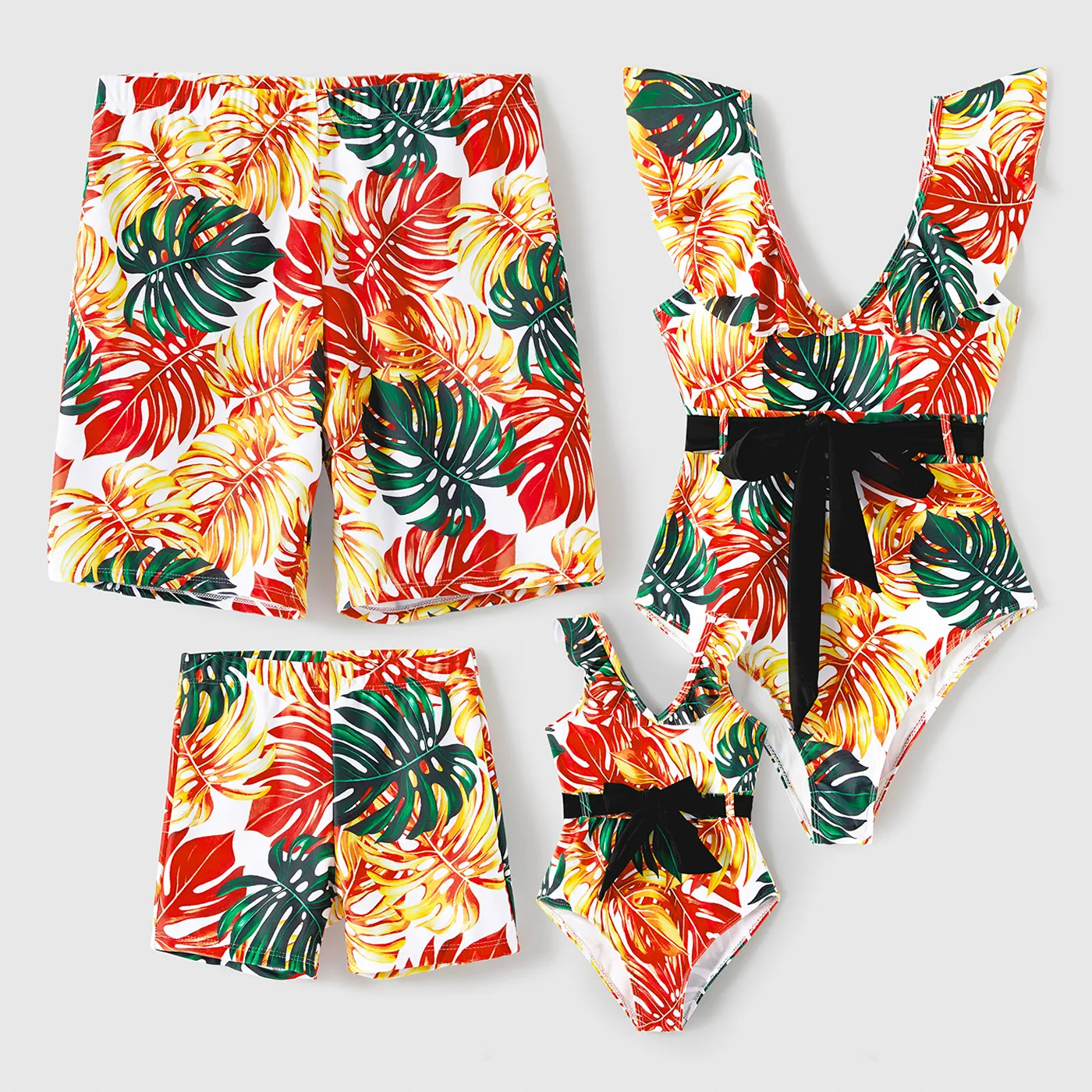 

Family Matching Allover Tropical Plant Print Ruffle Trim Belted One-piece Swimsuit and Swim Trunks Shorts