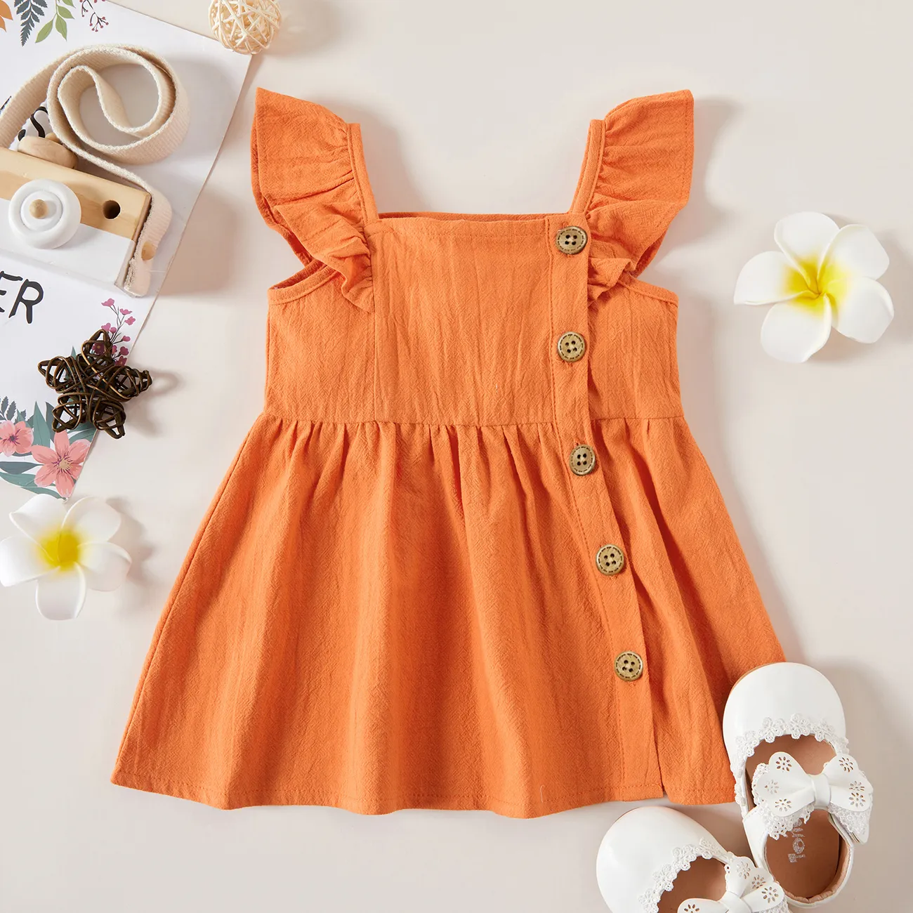 Baby Girl Stripe / Plaid / Robe à manches flottantes solides Orange big image 1