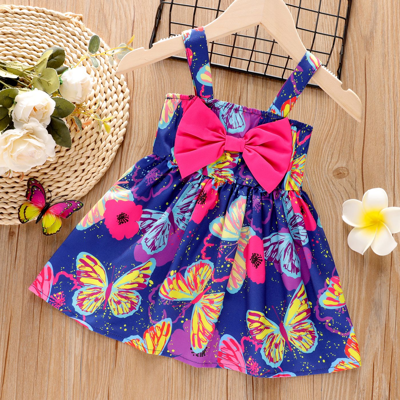 Baby Girl Bow Front Allover Butterfly Print Sleeveless Dress