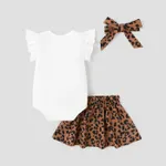 3pcs Baby Girl Cotton Flutter-sleeve Letter Graphic Romper and Leopard Print Bow Front Skirt & Headband Set  image 2
