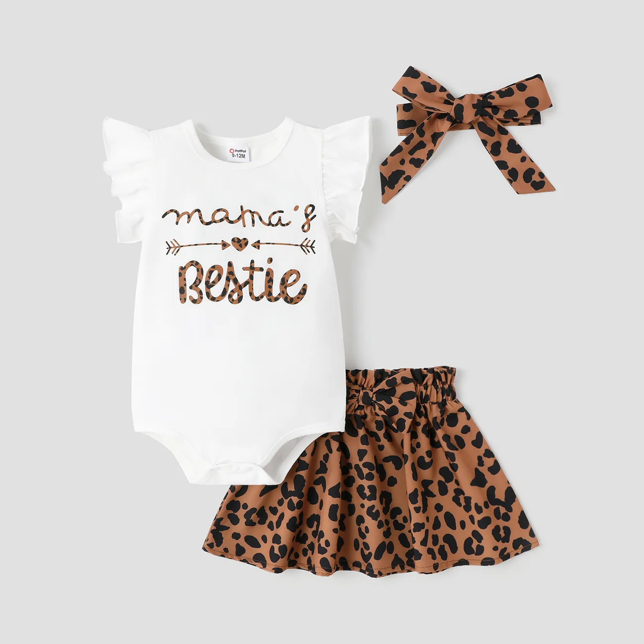 3pcs Baby Girl Cotton Flutter-sleeve Letter Graphic Romper and Leopard Print Bow Front Skirt & Headband Set  big image 1