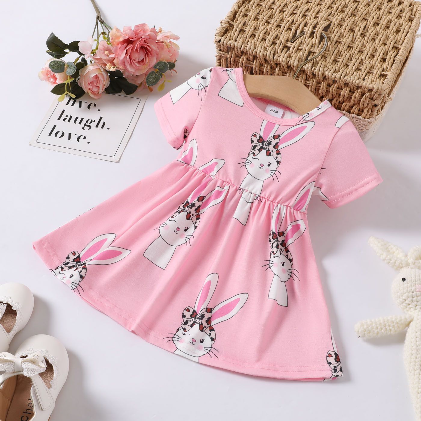 

Baby Girl Allover Rabbit Print Short-sleeve Dress