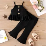 2pcs Baby Girl Button Front Solid Cotton Ribbed Ruffle Hem Cami Top and Flared Pants Set Black