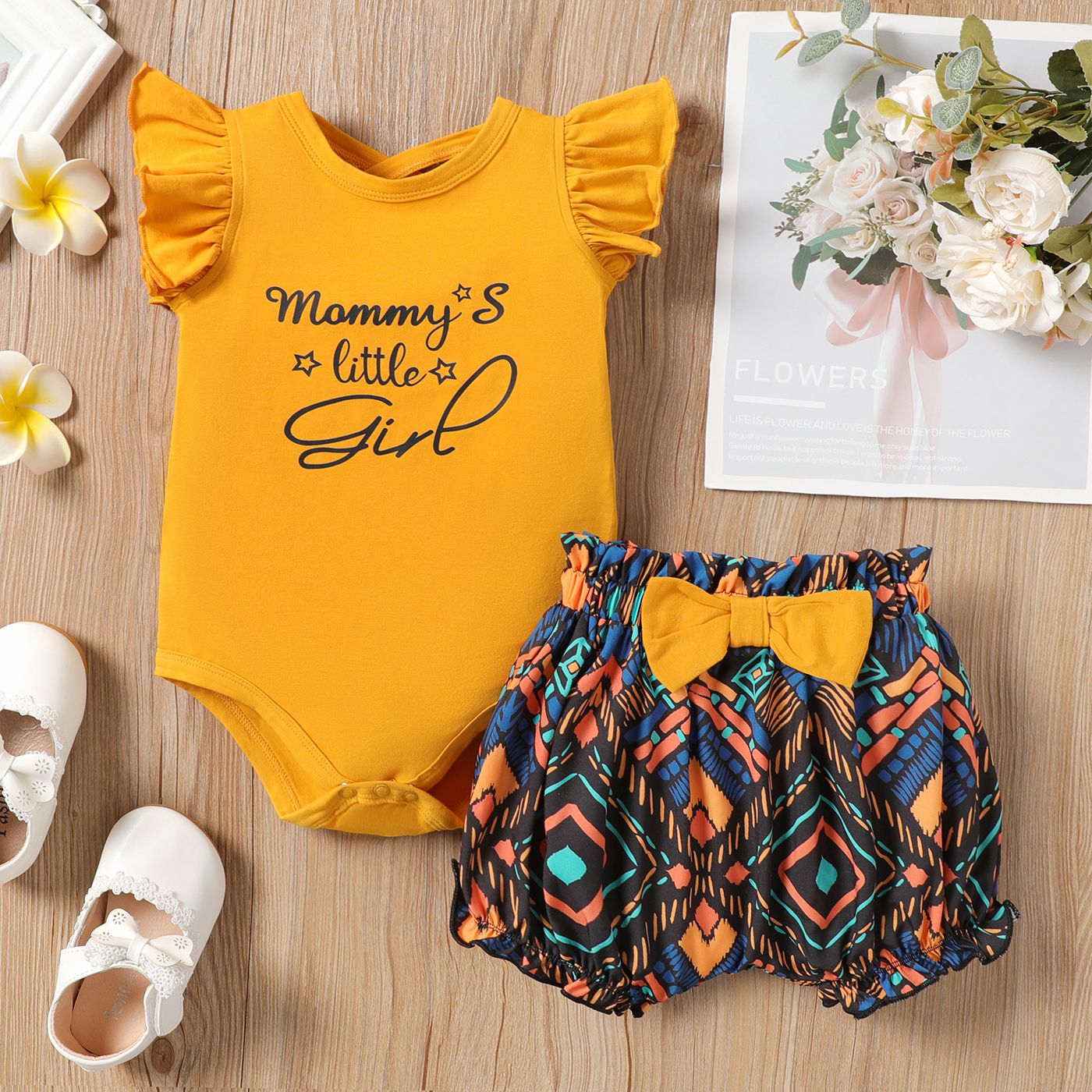 2pcs Baby Girl Cotton Ruffle-sleeve Letter Graphic Romper And Bow Front Boho Print Bloomer Shorts Set
