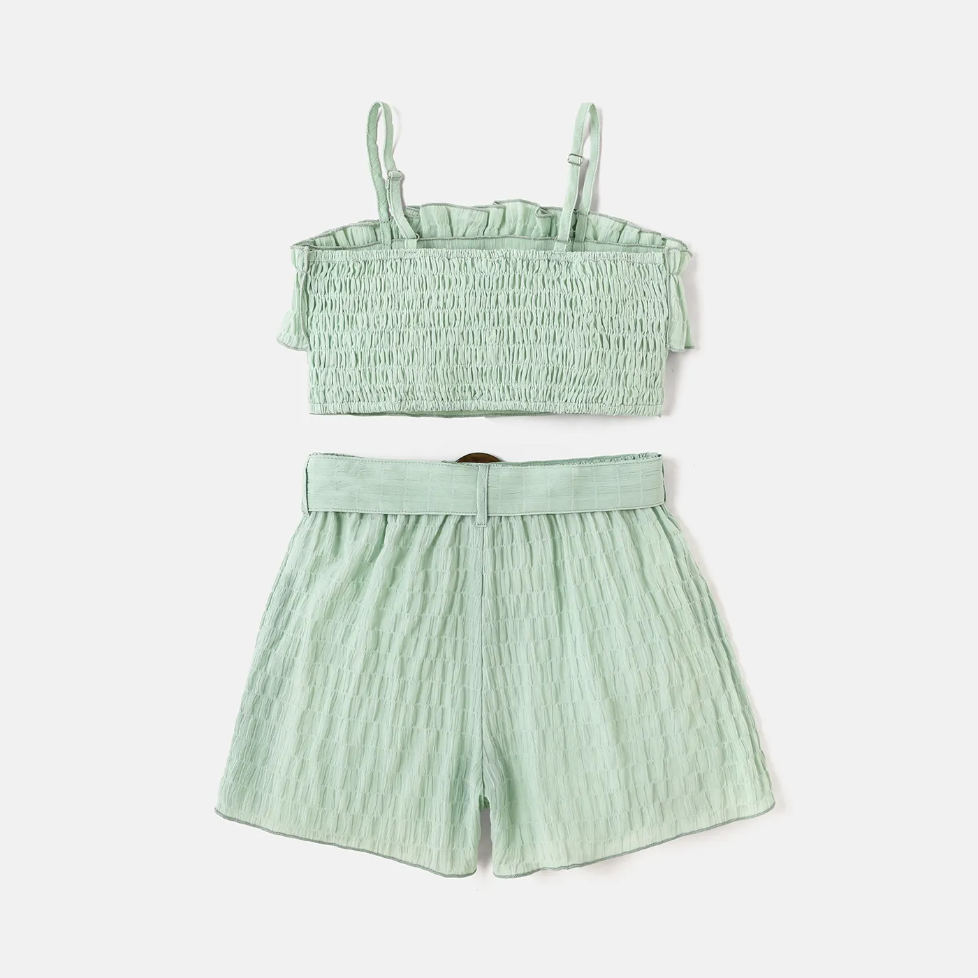 2Pcs Kid Girl Ruched Smocked Camisole & Shorts Set Green image 2