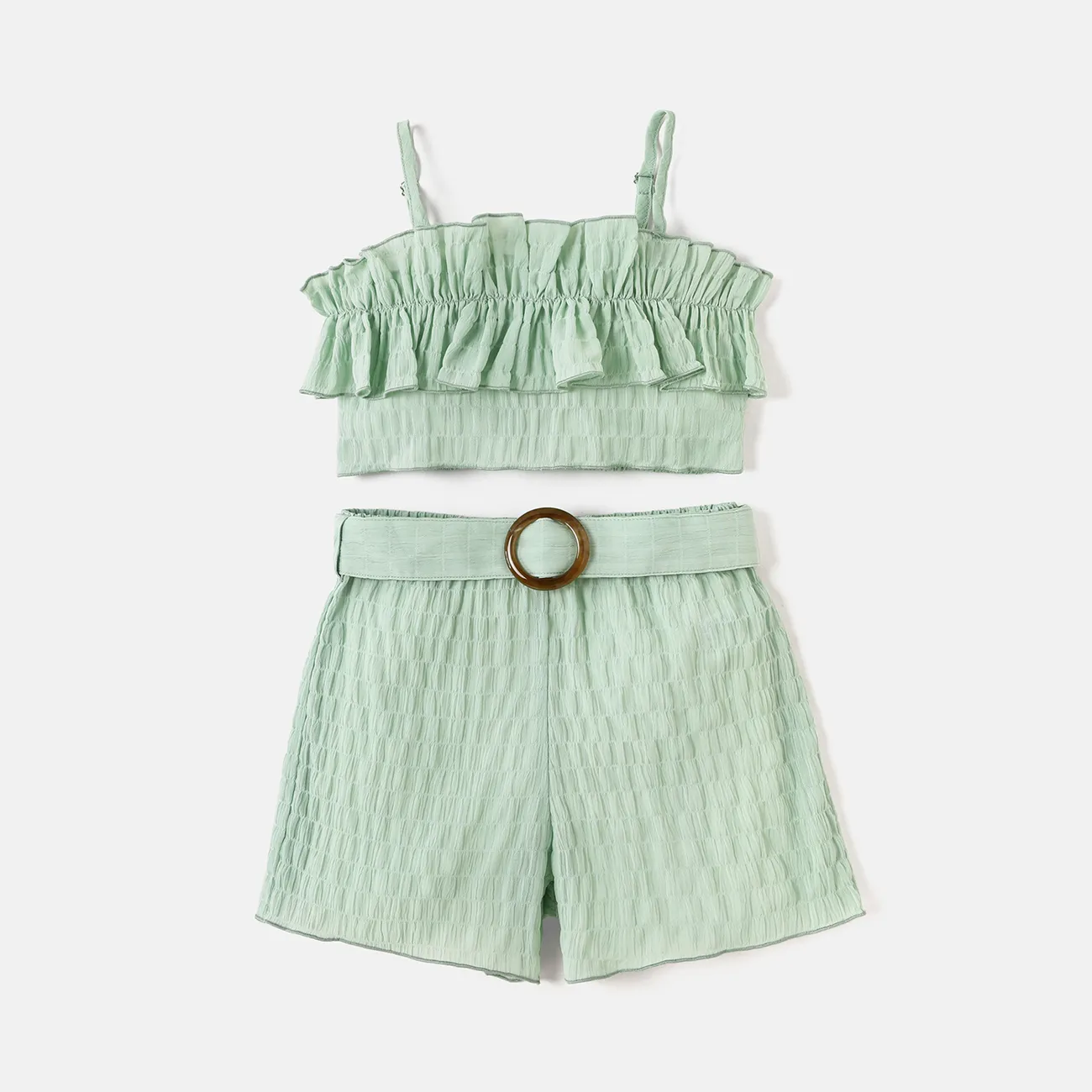 2Pcs Kid Girl Ruched Smocked Camisole & Shorts Set Green big image 1