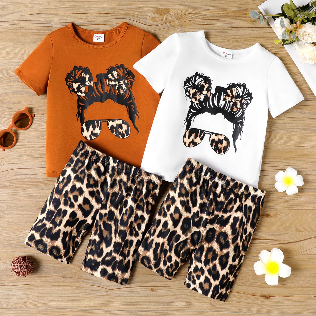 2pcs Toddler Girl Figure Print Short-sleeve Tee and Leopard Print Shorts Set White big image 1