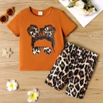 2pcs Toddler Girl Figure Print Short-sleeve Tee and Leopard Print Shorts Set Brown