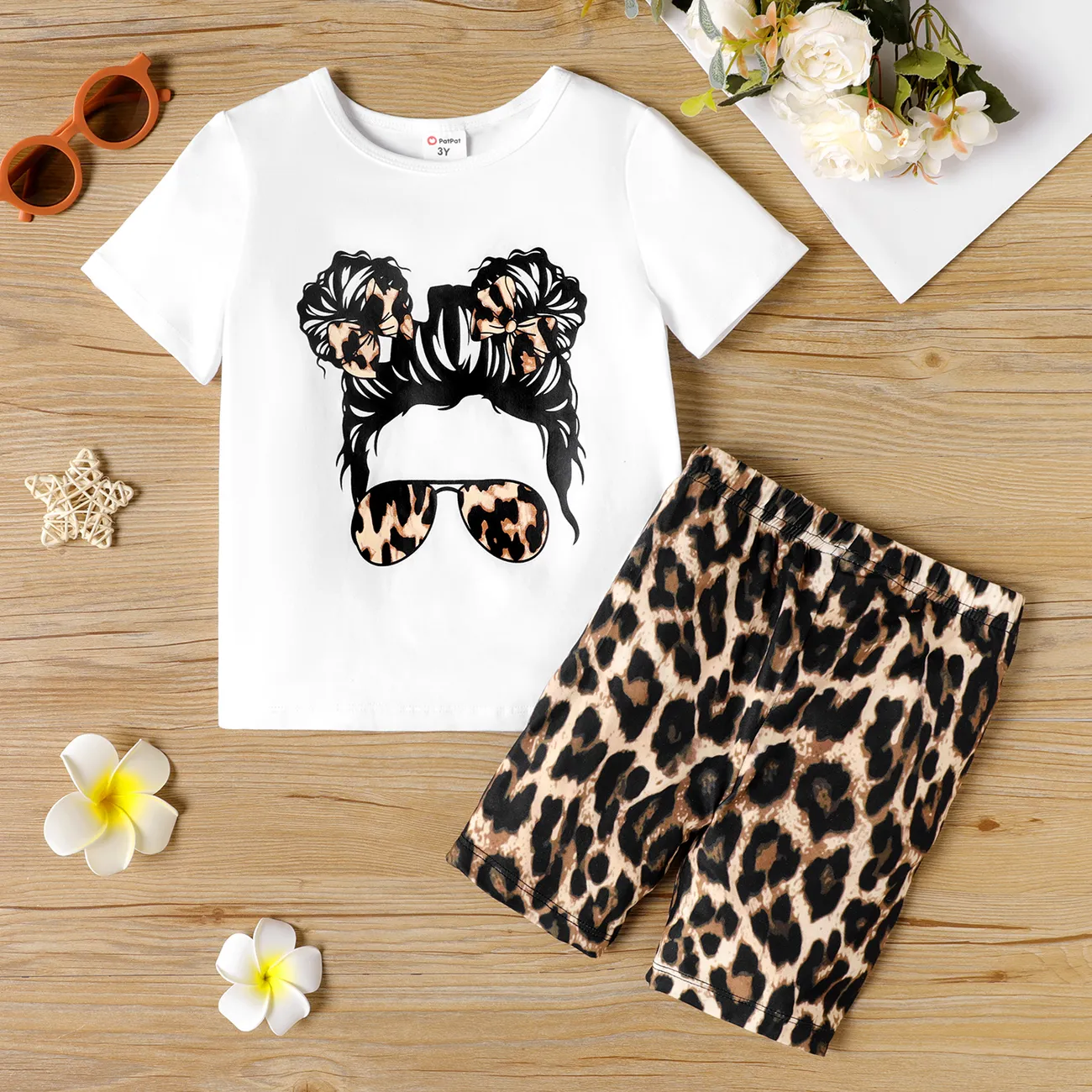 2pcs Toddler Girl Figure Print Short-sleeve Tee and Leopard Print Shorts Set White big image 1