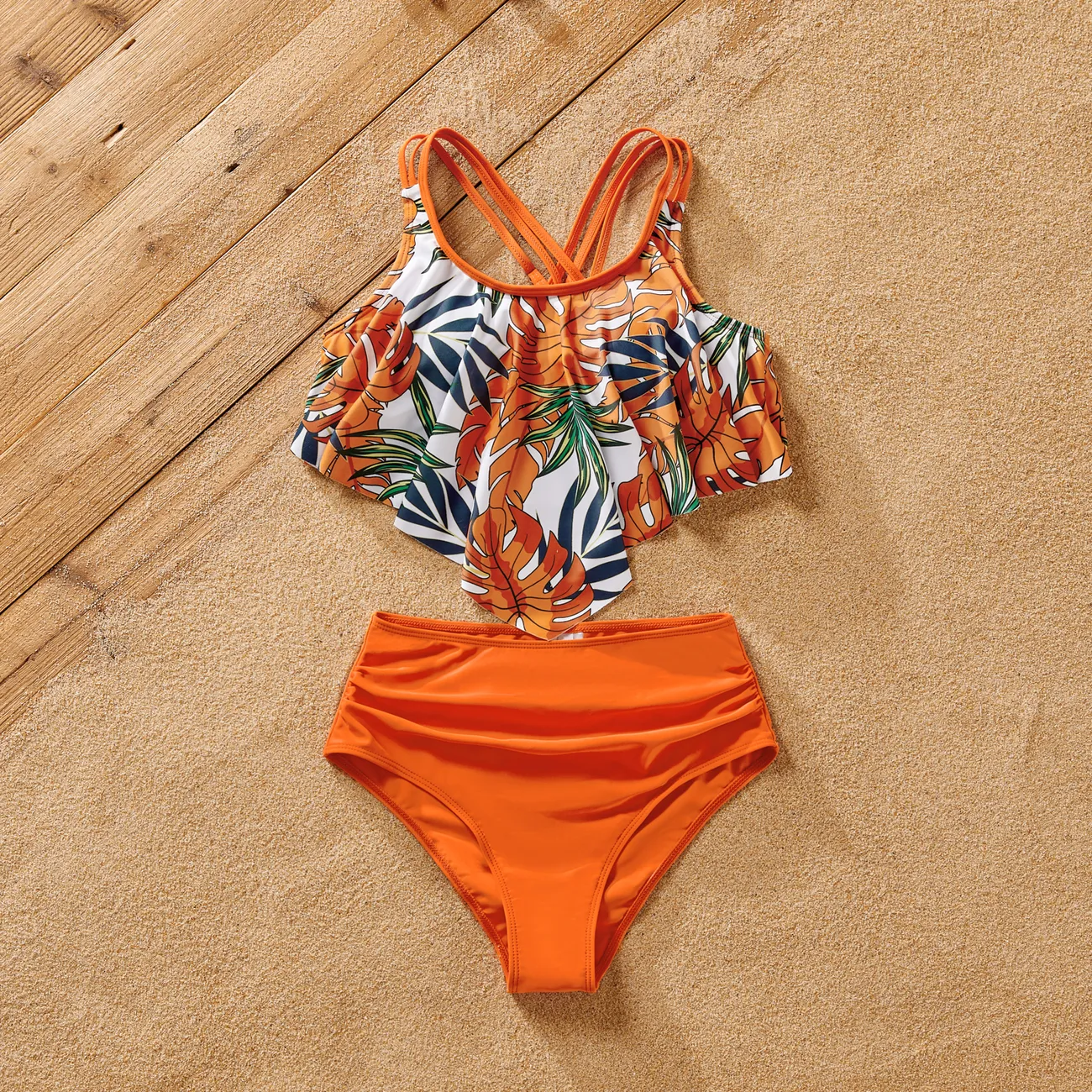 Family Matching Tropical Plant Print Two-piece Swimsuit and Swim Trunks Shorts ColorBlock big image 1