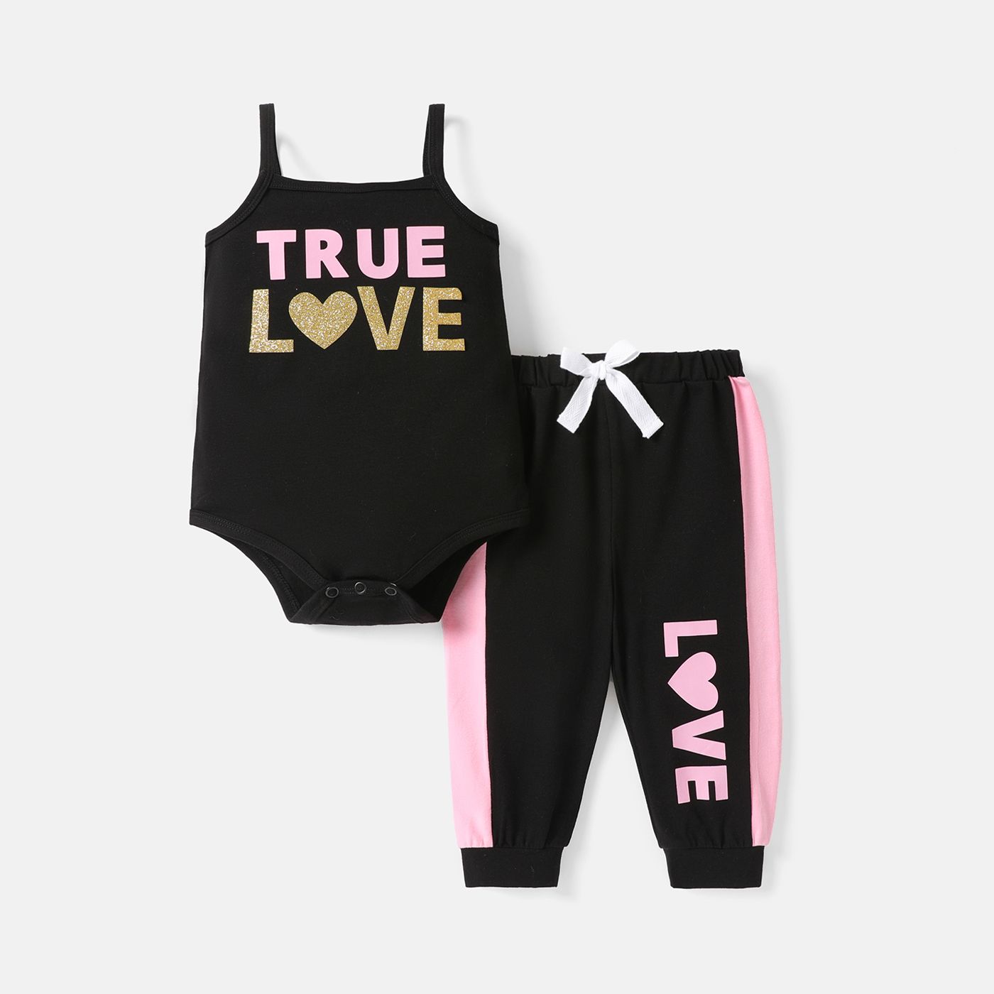 

2pcs Baby Girl Cotton Letter Print Cami Romper and Colorblock Sweatpants Set