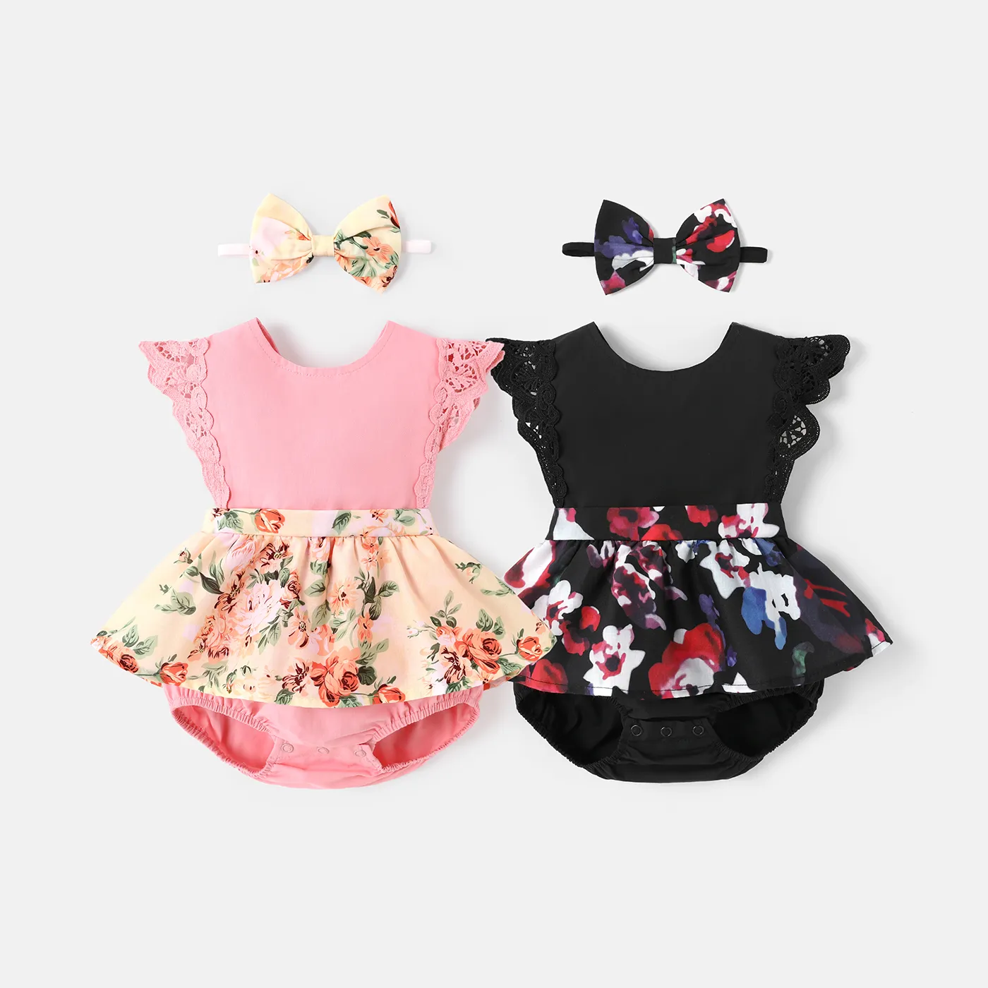 2pcs Baby Girl 100% Cotton Solid & Floral-print Spliced Lace Flutter-sleeve Romper with Headband Set Black image 2