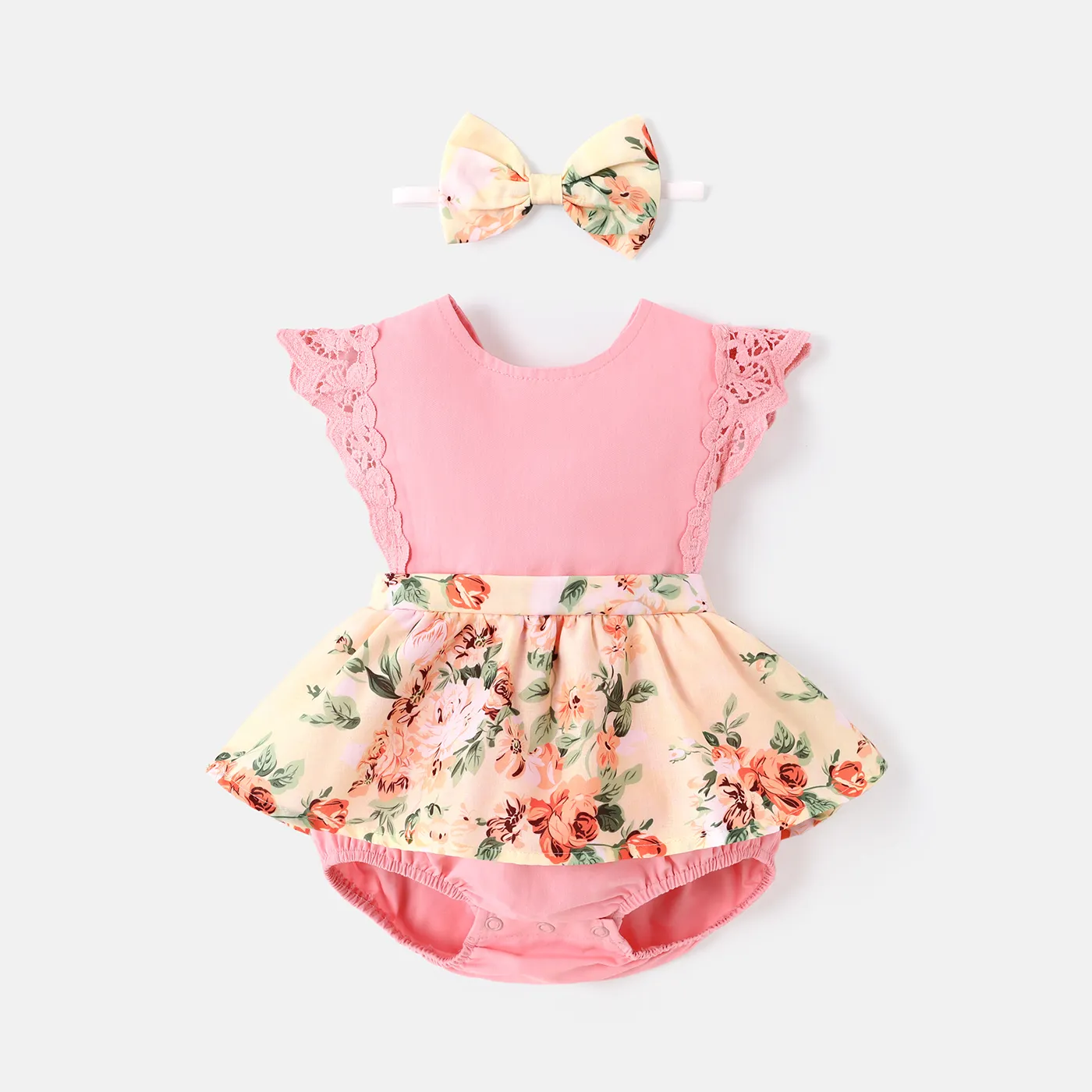 2pcs Baby Girl 100% Cotton Solid & Floral-print Spliced Lace Flutter-sleeve Romper with Headband Set Pink