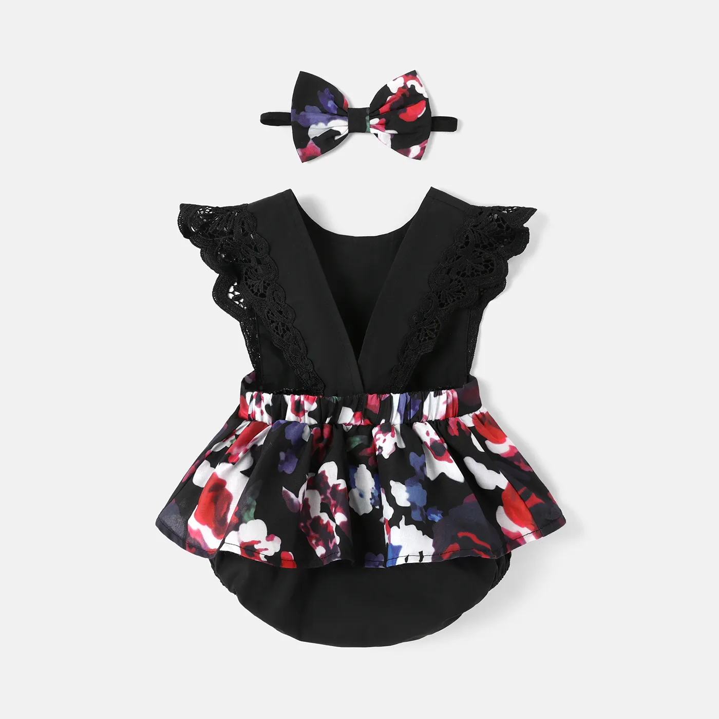 2pcs Baby Girl 100% Cotton Solid & Floral-print Spliced Lace Flutter-sleeve Romper with Headband Set Black image 3