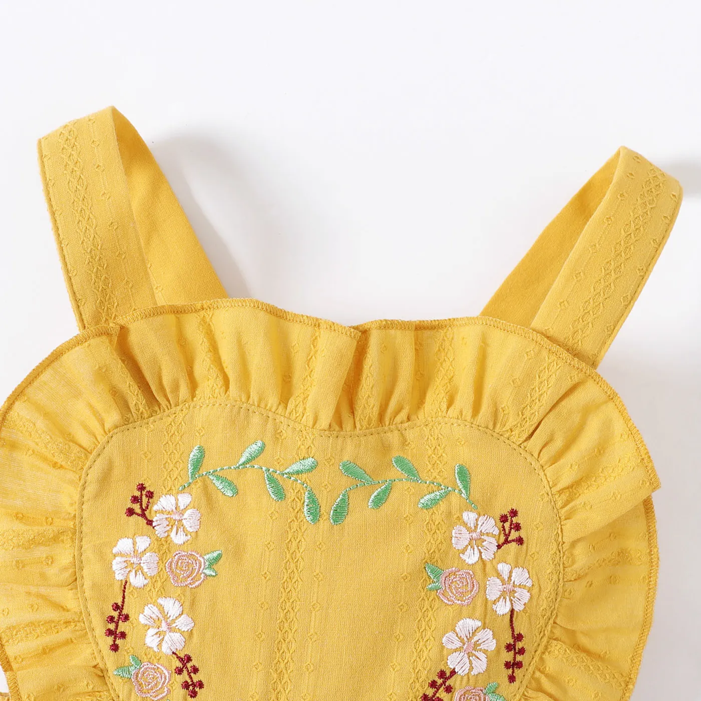 Baby Girl 100% Cotton Floral Embroidered Ruffle Trim Jumpsuit Pants Yellow image 3