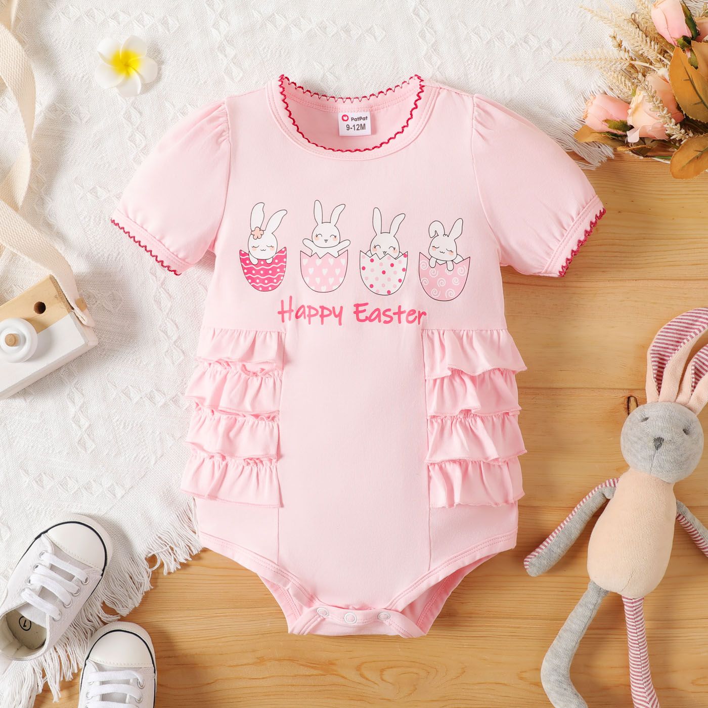 

Easter Baby Girl Cotton Short-sleeve Rabbit Print Layered Ruffle Trim Romper