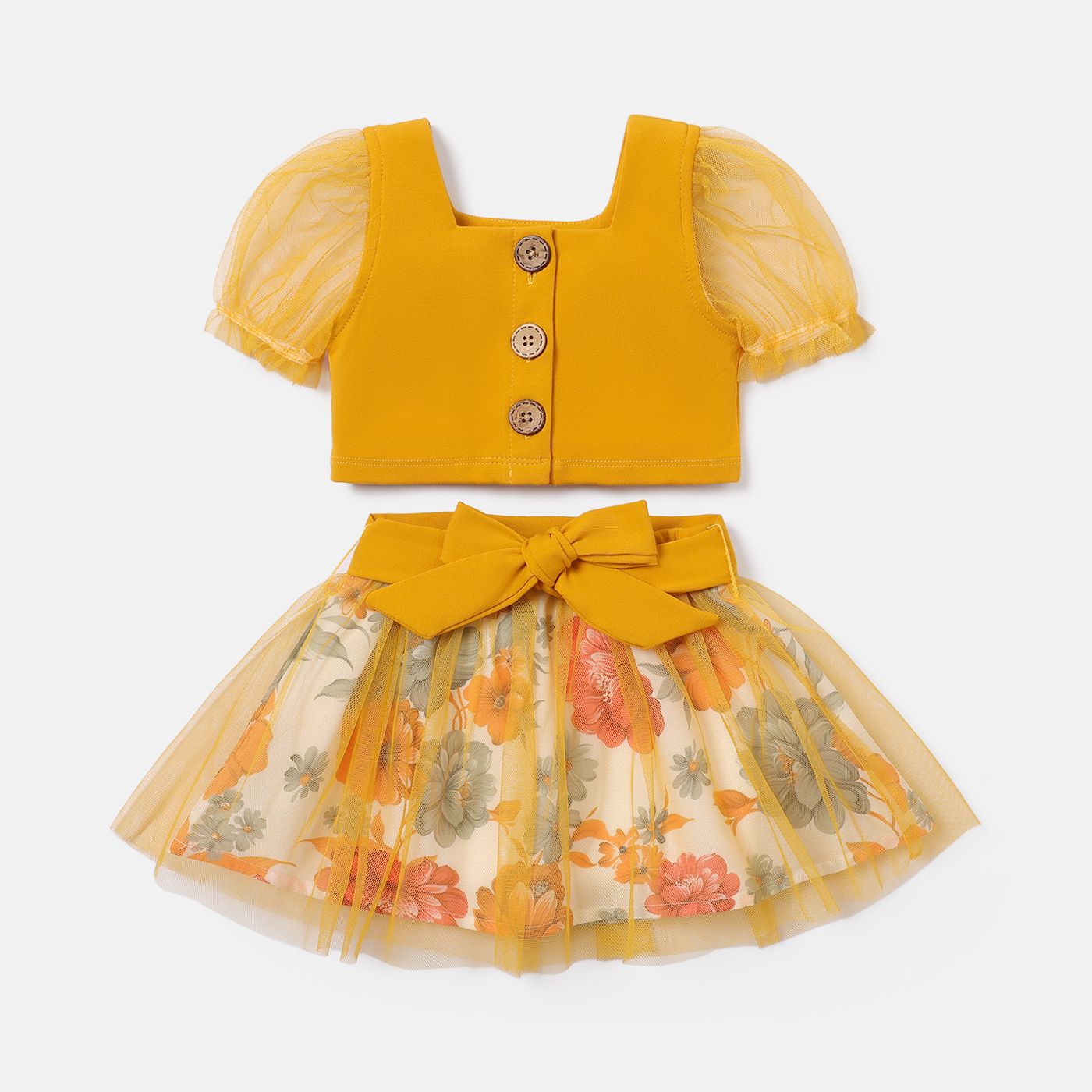 

2pcs Baby Girl Cotton Button Front Puff-sleeve Crop Top and Floral Print Belted Mesh Skirt Set