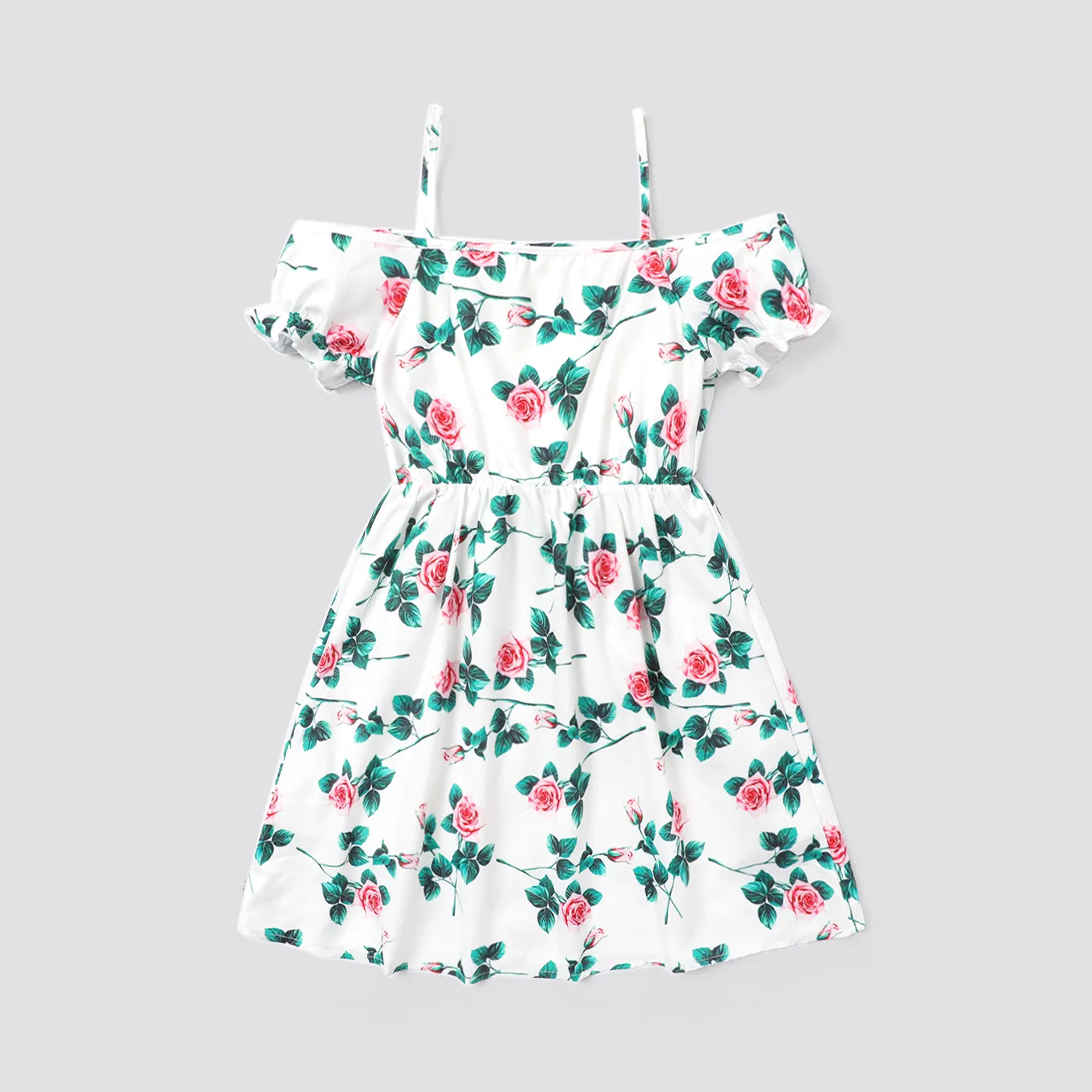 

Kid Girl Floral Print Cold Shoulder Short-sleeve Slip Dress