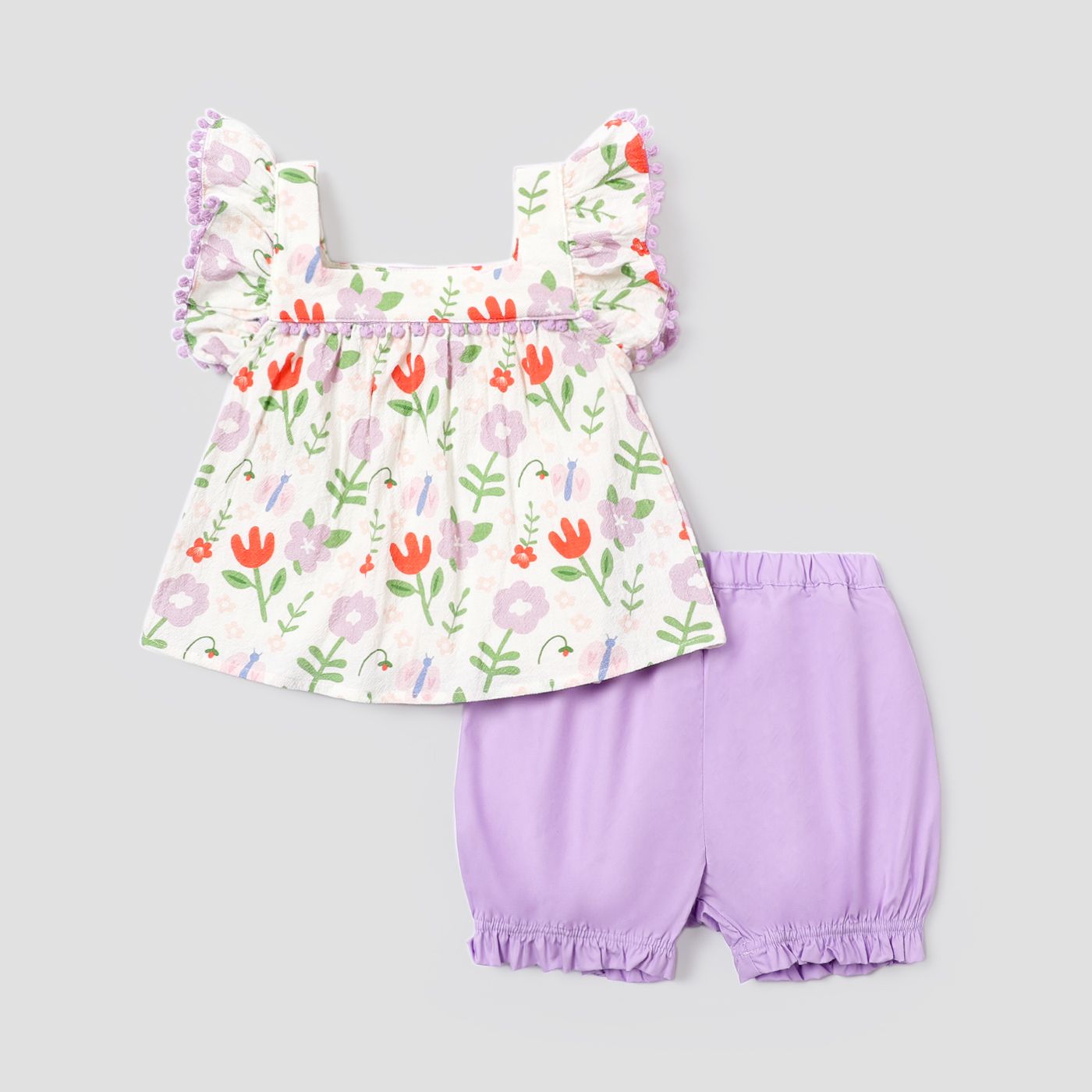 

2pcs Baby Girl 100% Cotton Allover Floral Print Flutter-sleeve Top and Solid Shorts Set