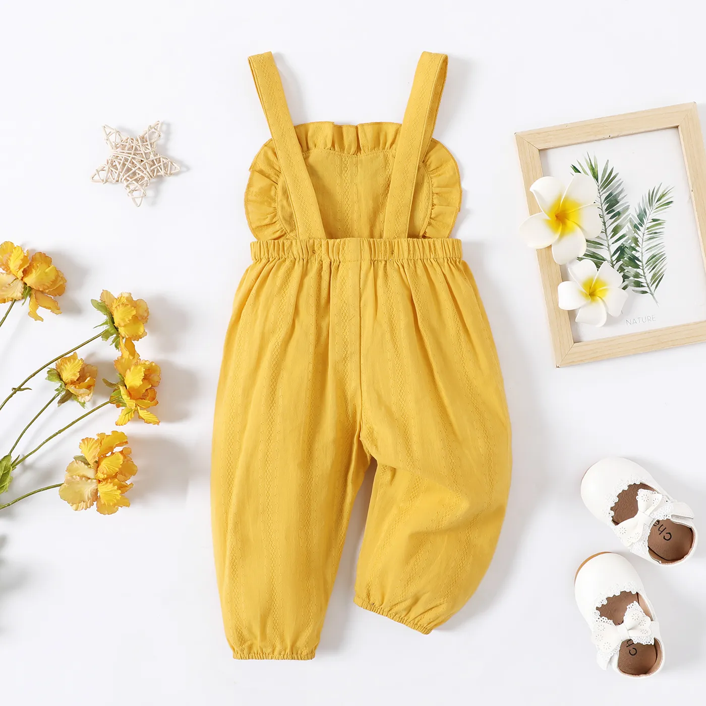 Baby Girl 100% Cotton Floral Embroidered Ruffle Trim Jumpsuit Pants Yellow image 2