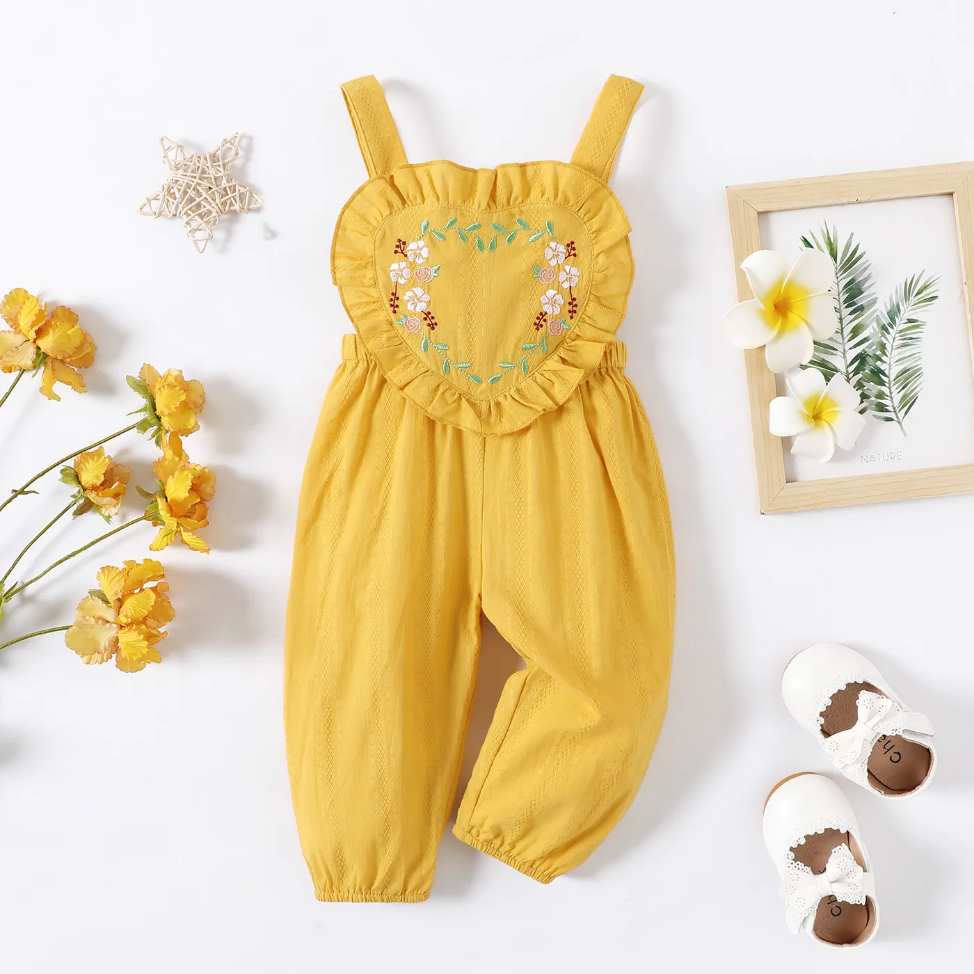 Baby Girl 100% Cotton Floral Embroidered Ruffle Trim Jumpsuit Pants Yellow big image 1