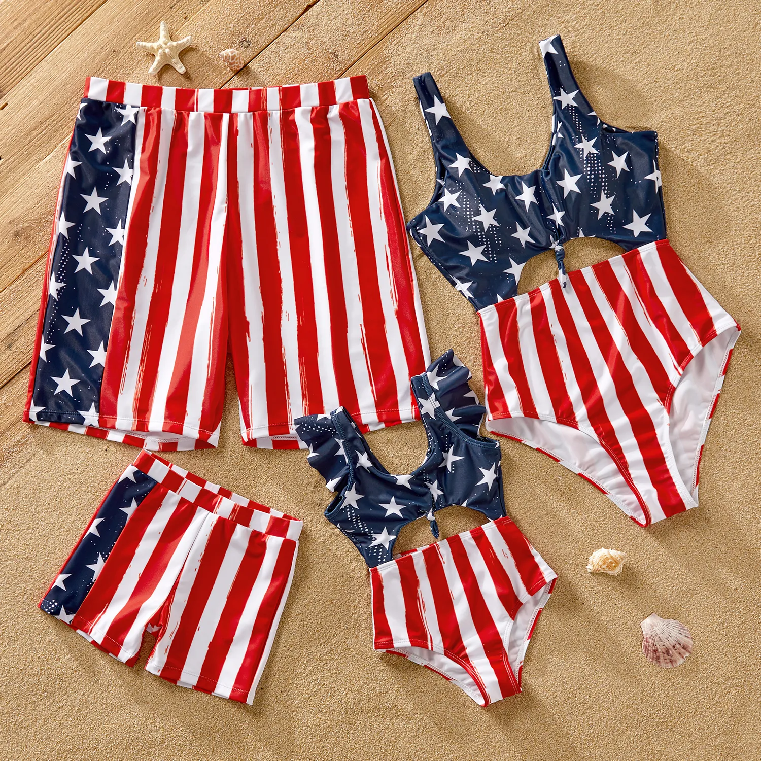 

Independence Day Family Matching Star & Striped Print Spliced One-piece Swimsuit or Swim Trunks Shorts