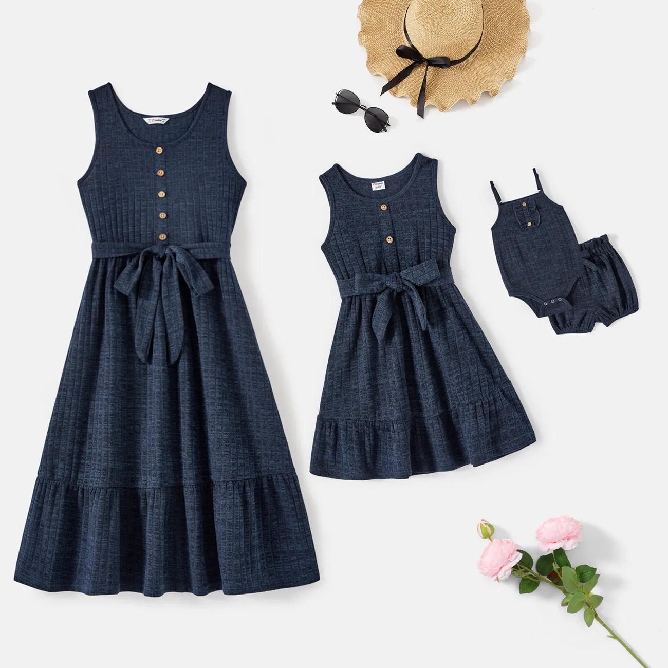 Mommy and Me Dark Blue Button Front Sleeveless Belted Dresses Dark Blue big image 1