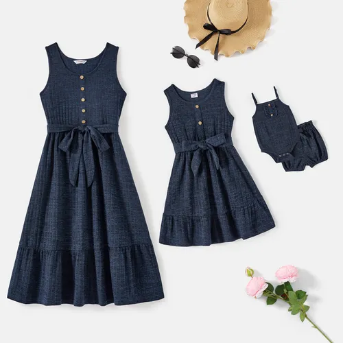 Mommy and Me Dark Blue Button Front Sleeveless Belted Dresses