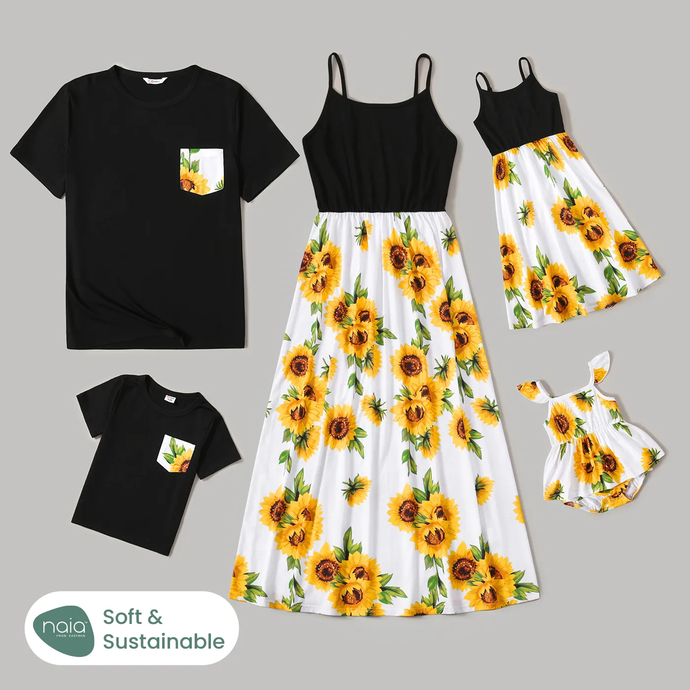 

Family Matching Cotton Short-sleeve T-shirts and Sunflower Print Naia™ Spliced Cami Dresses Sets