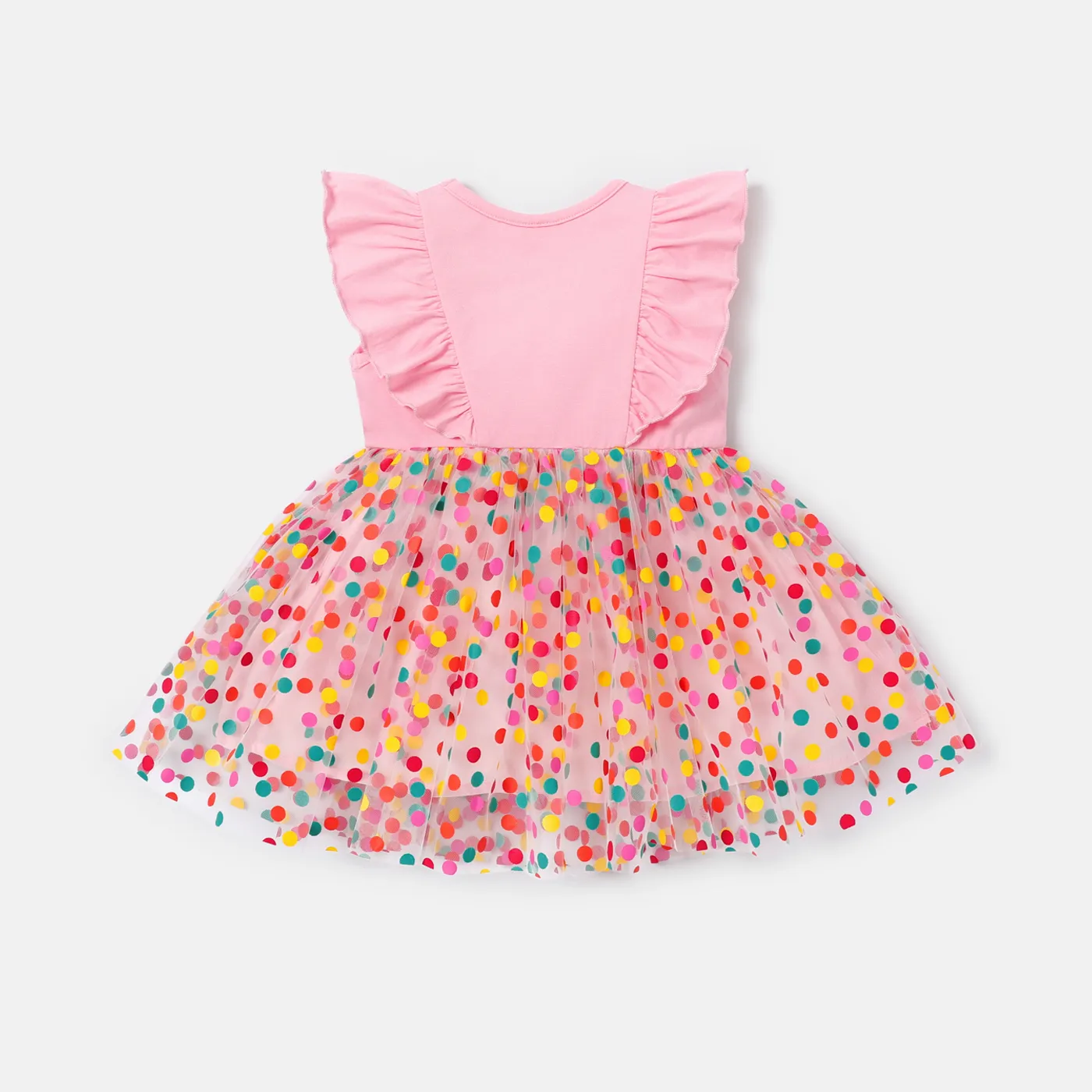 Baby Girl Sleeveless Cotton Ruffled Letter Print Colorful Dots Mesh Fairy Dress Pink image 2